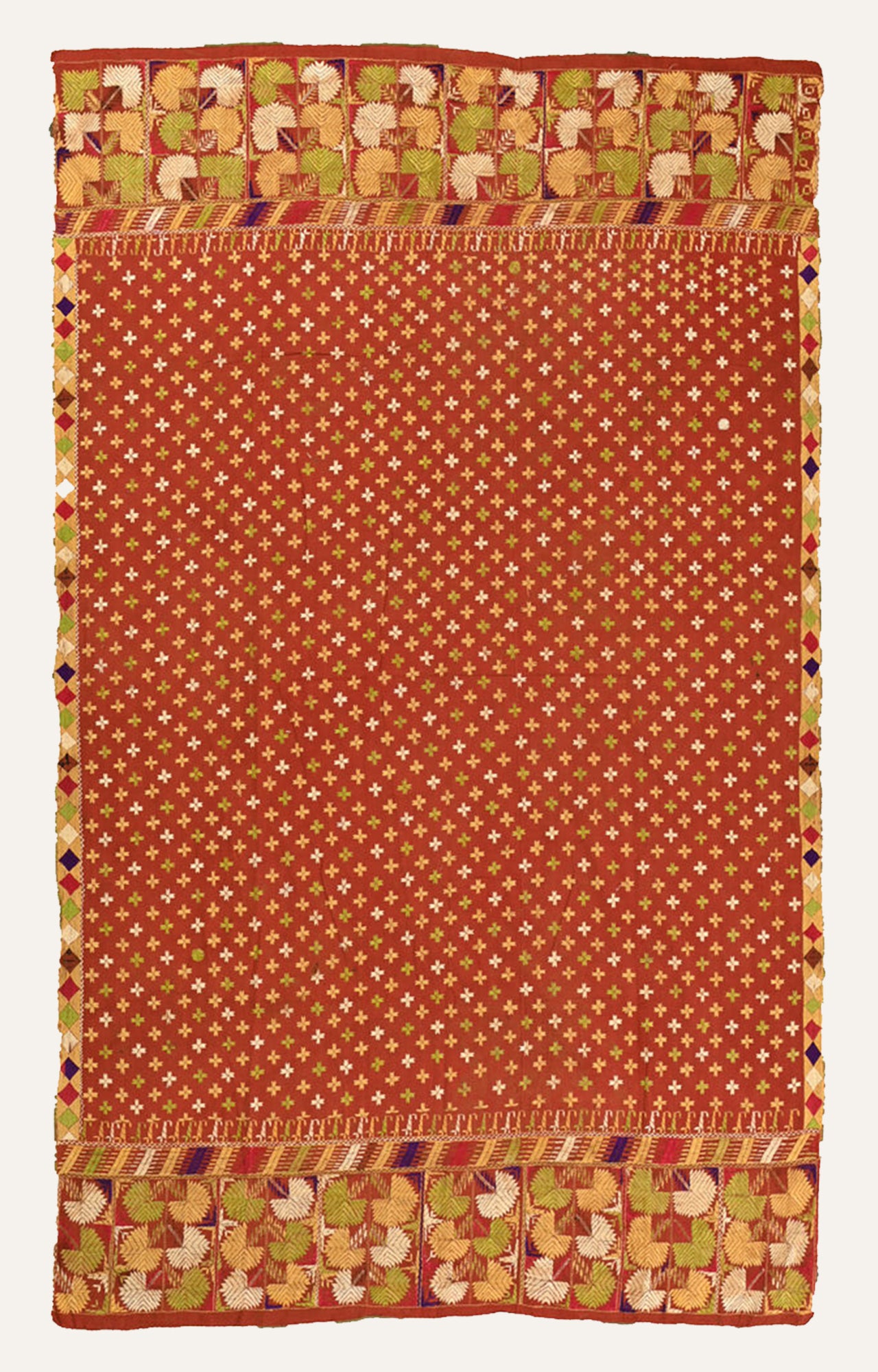 Vintage Phulkari Silk Tapestry: Punjabi Bagh Textile, Traditional Floral Handwork