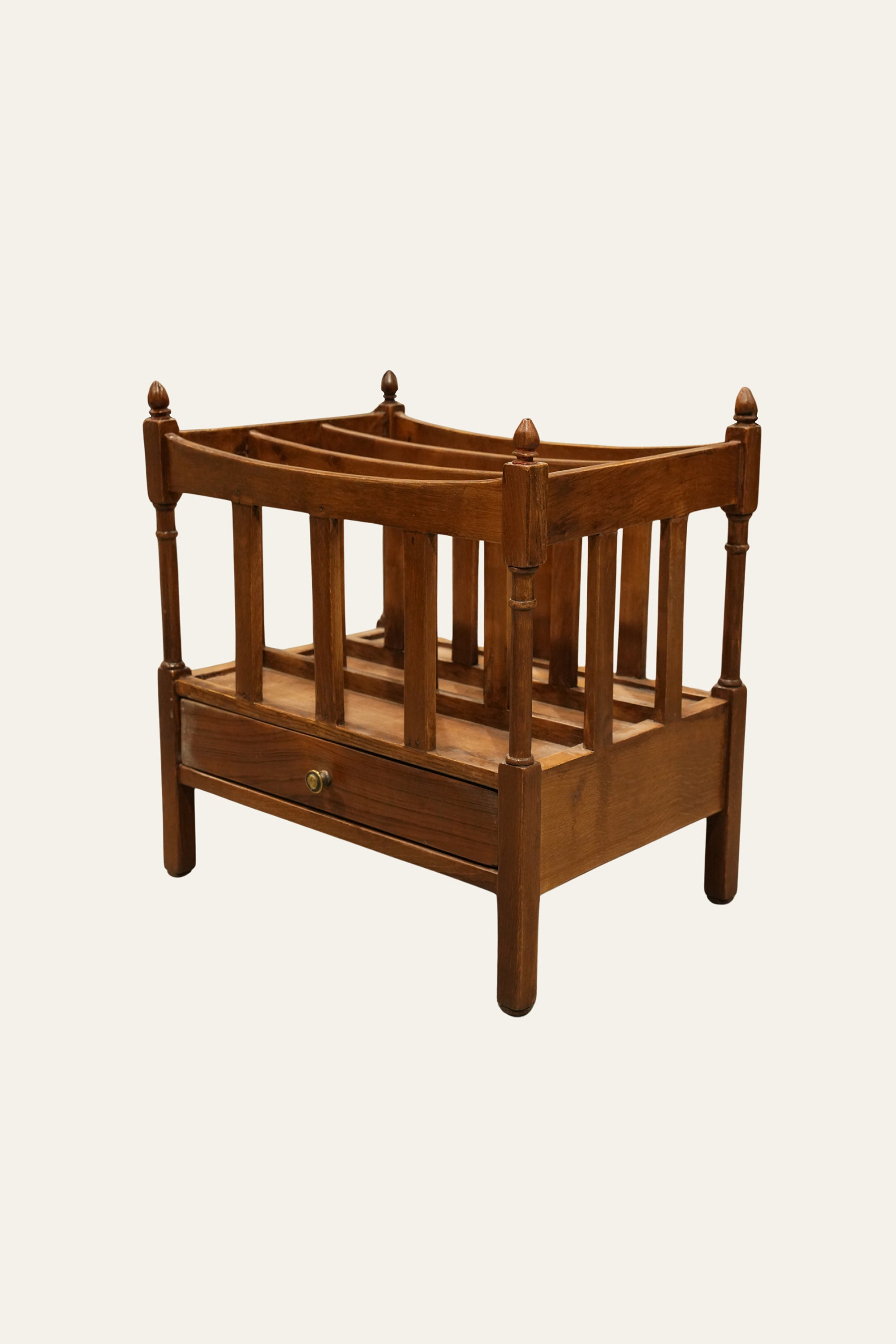 Wooden Slatted Magazine Holder with Drawer & Vintage Style Rack for Living Room
