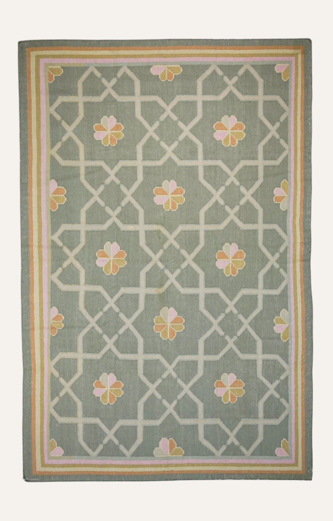 Soft Sage Lattice Floral Flatweave Rug