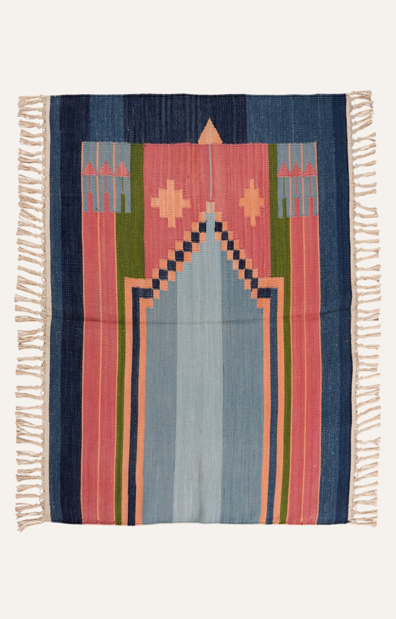 Handwoven Arch Motif Prayer-Style Rug with Tassels