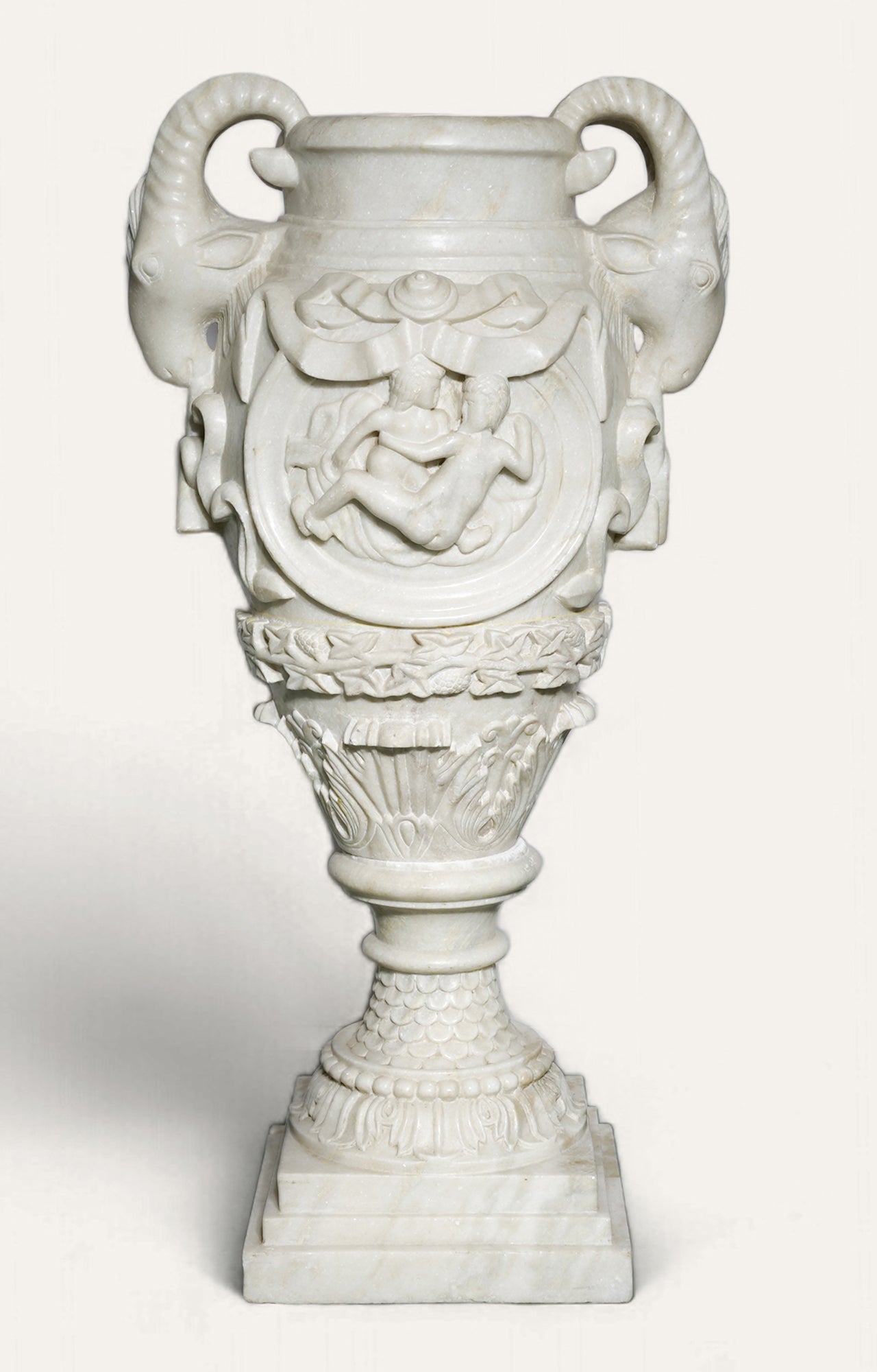 Elephant Head Carved Urn Planter Vase