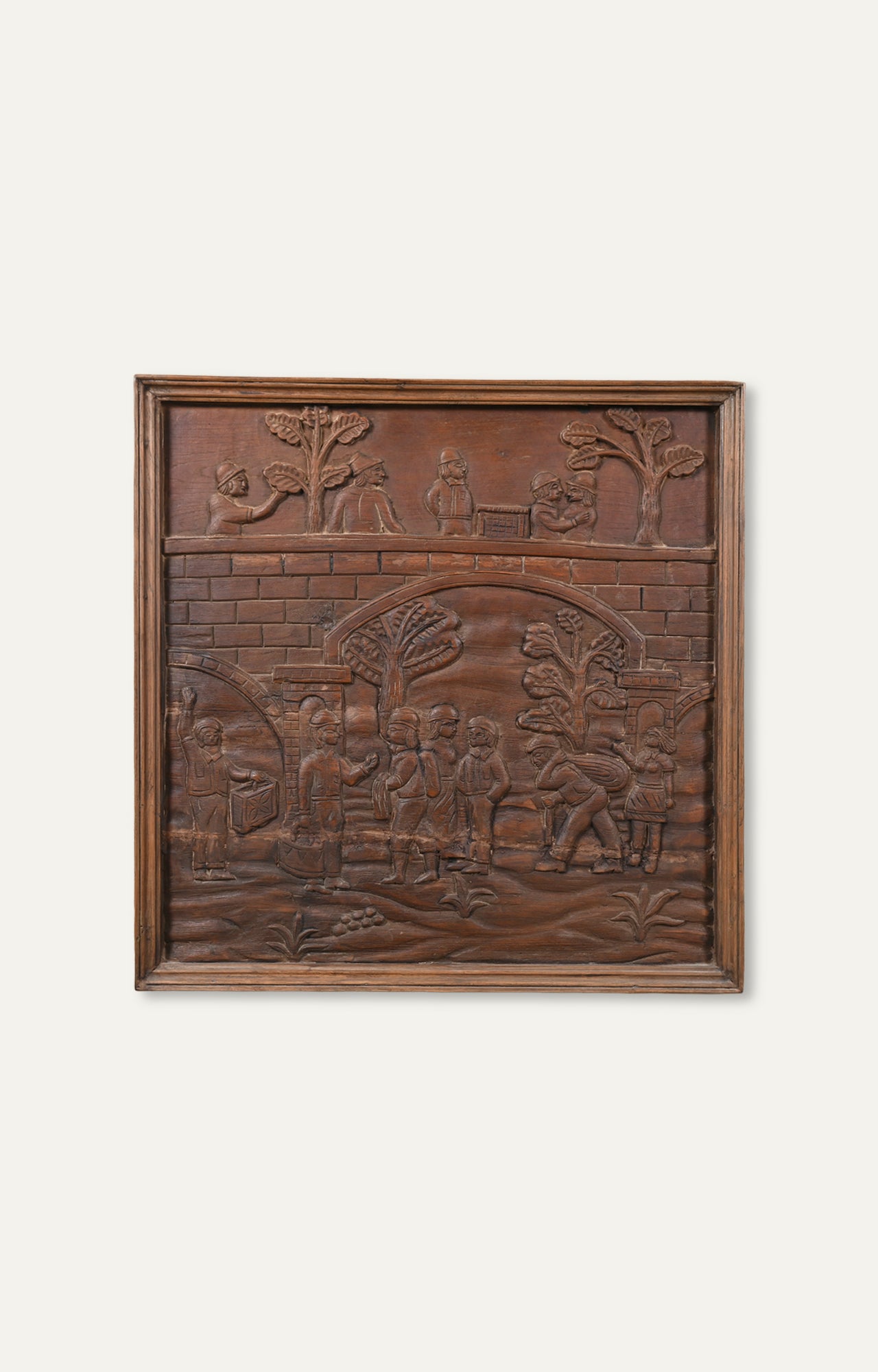 French Vintage Deep Carved Framed Panel in Solid Walnut Wood