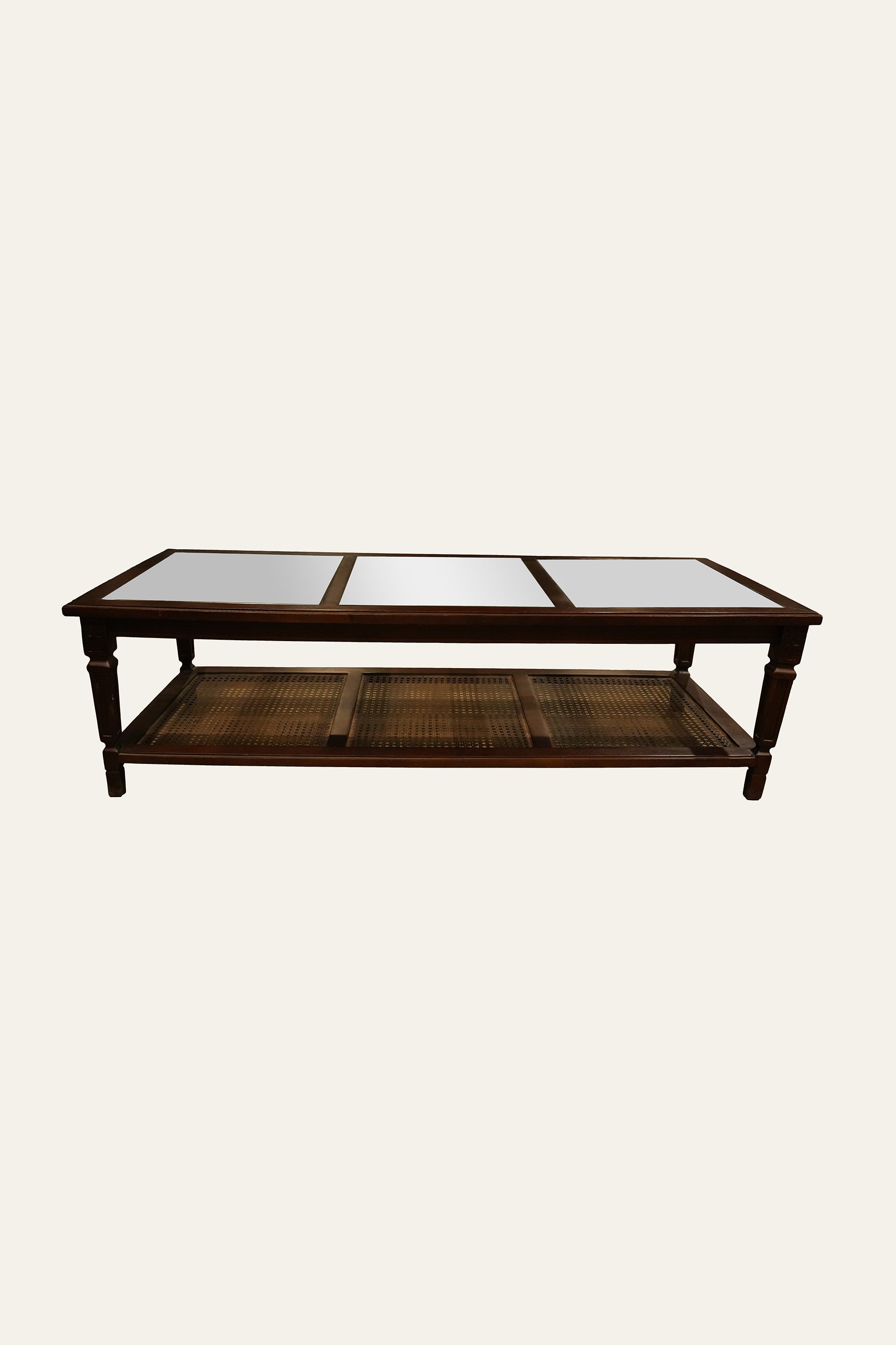 Gustavian Style Brown 2-Tiered Glass Coffee Table with Cane Shelf