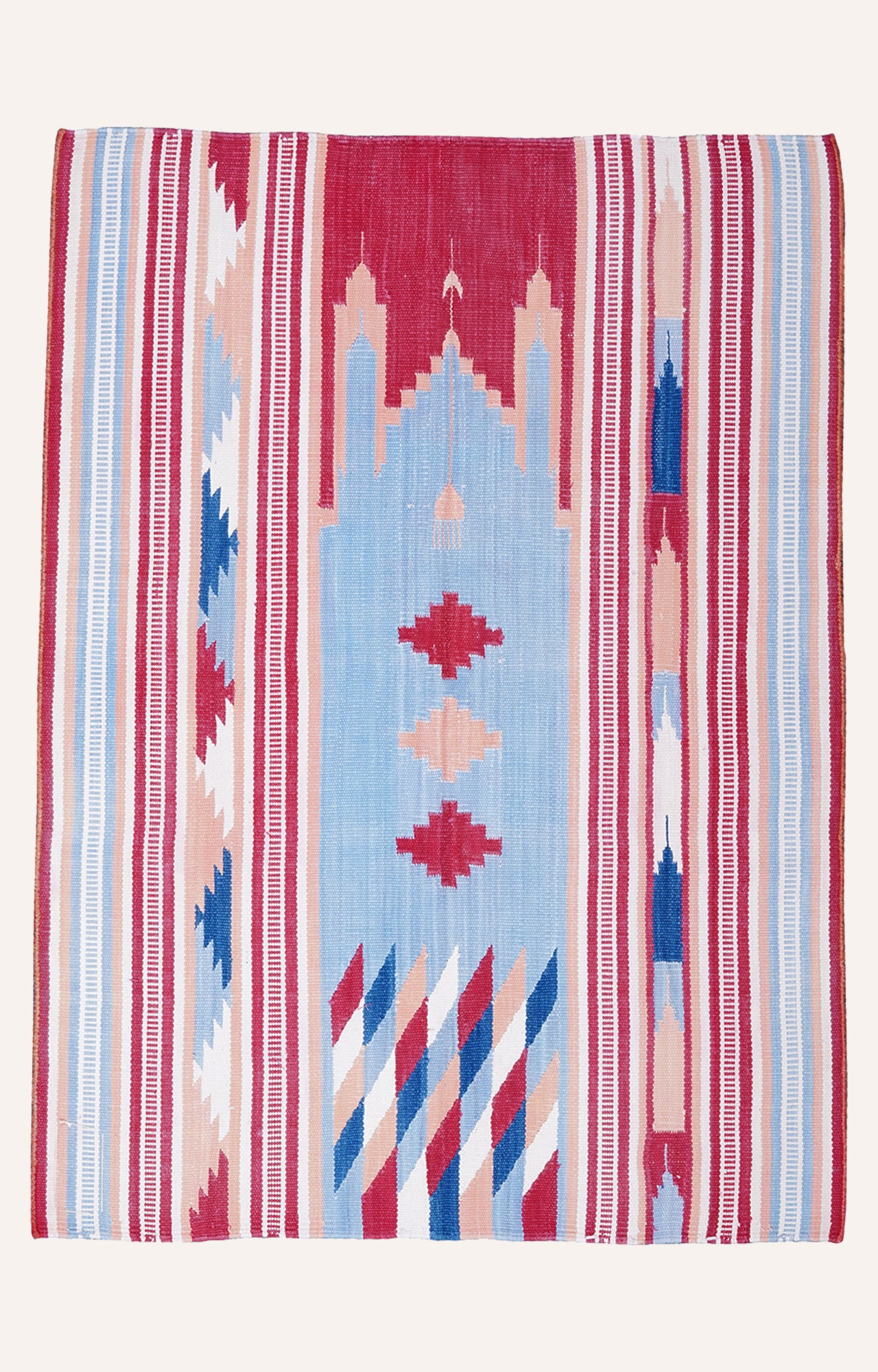 36 x 27 Inches Handwoven Cotton Prayer Rug (Blue And Pink)