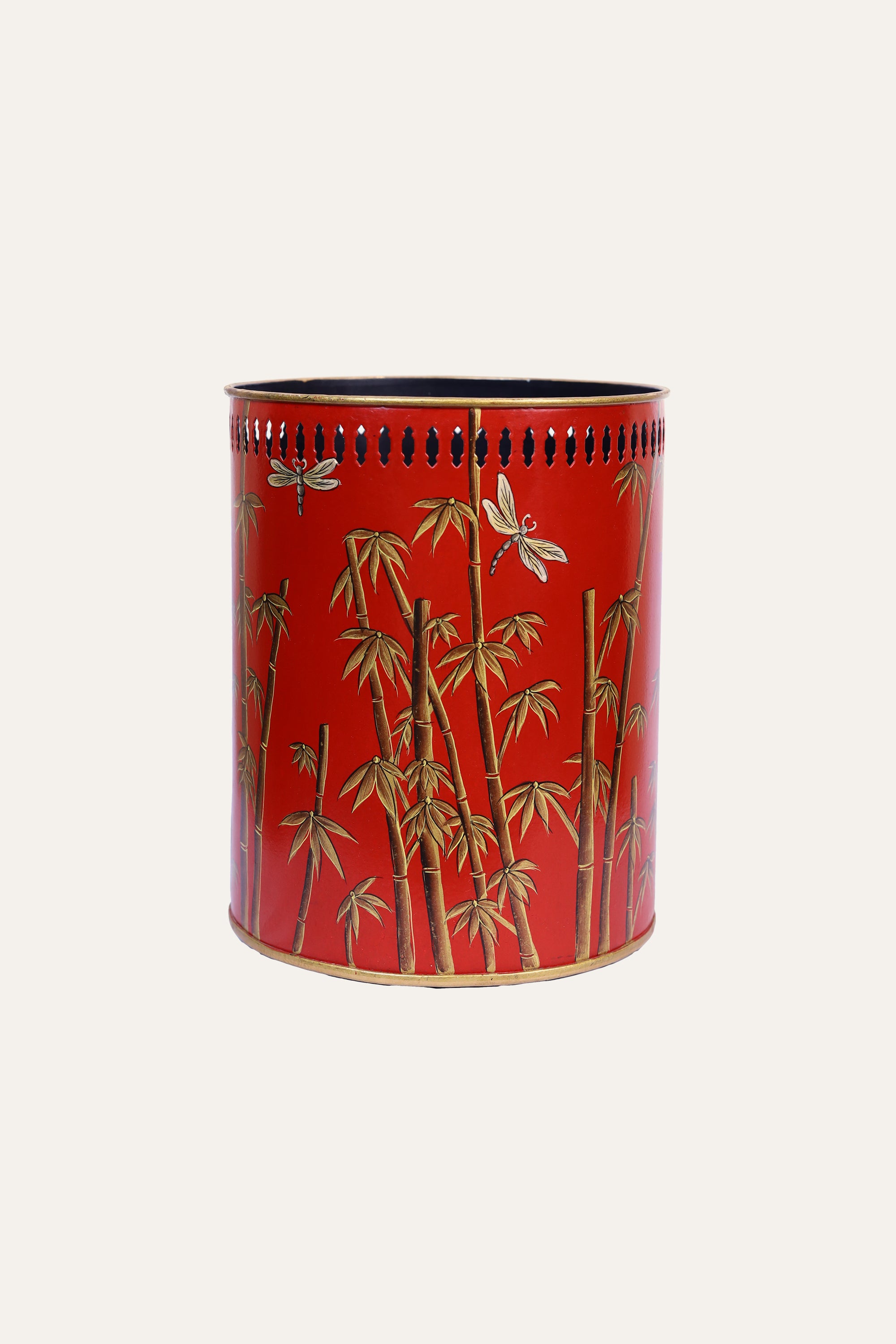 Hand-Painted Red Metal Waste Bin with Bamboo Motif