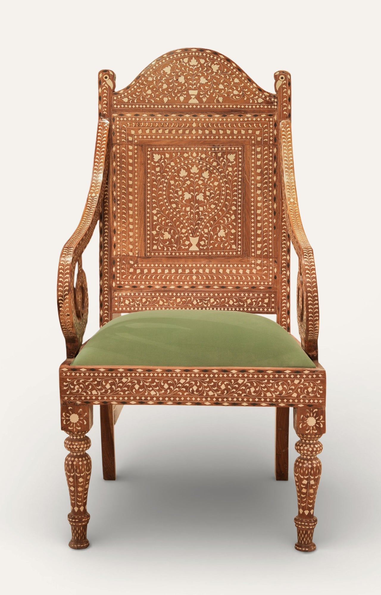 Handcrafted Inlay Wooden Armchair with Green Seat