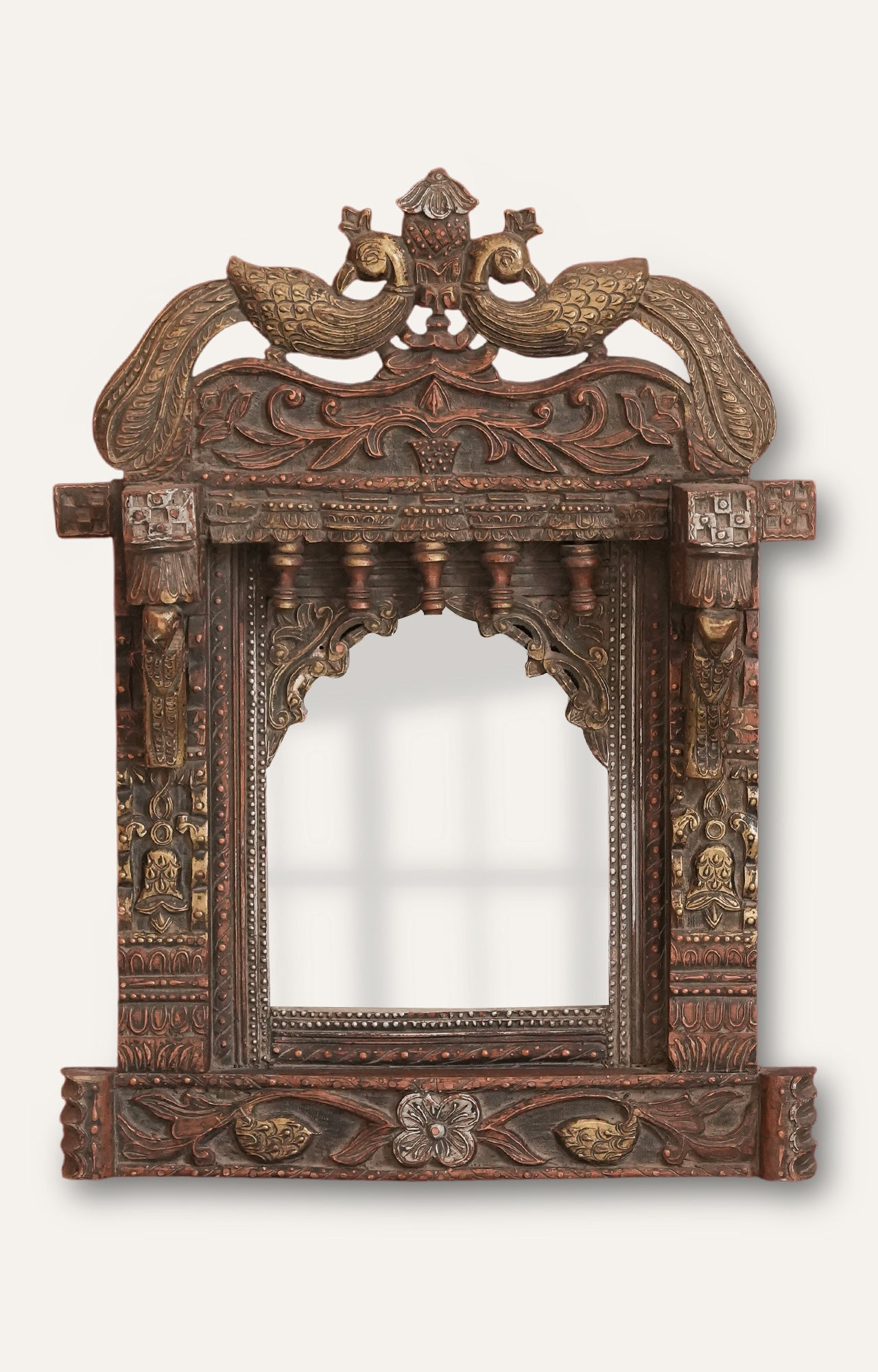 Regal Antique Peacock Carved Mirror Frame