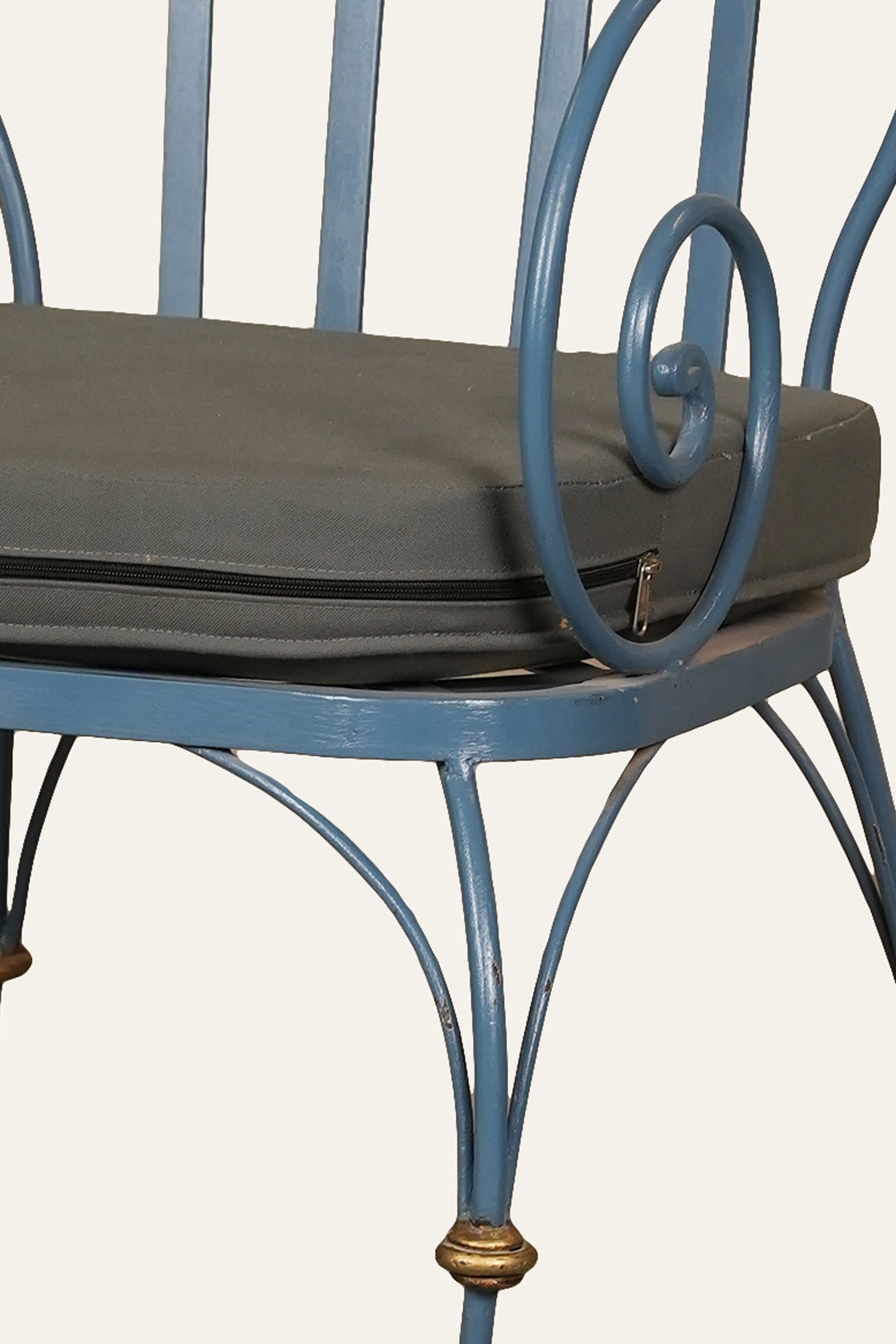 Blue Fan-Back Wrought Iron Upholstered Arm Chair