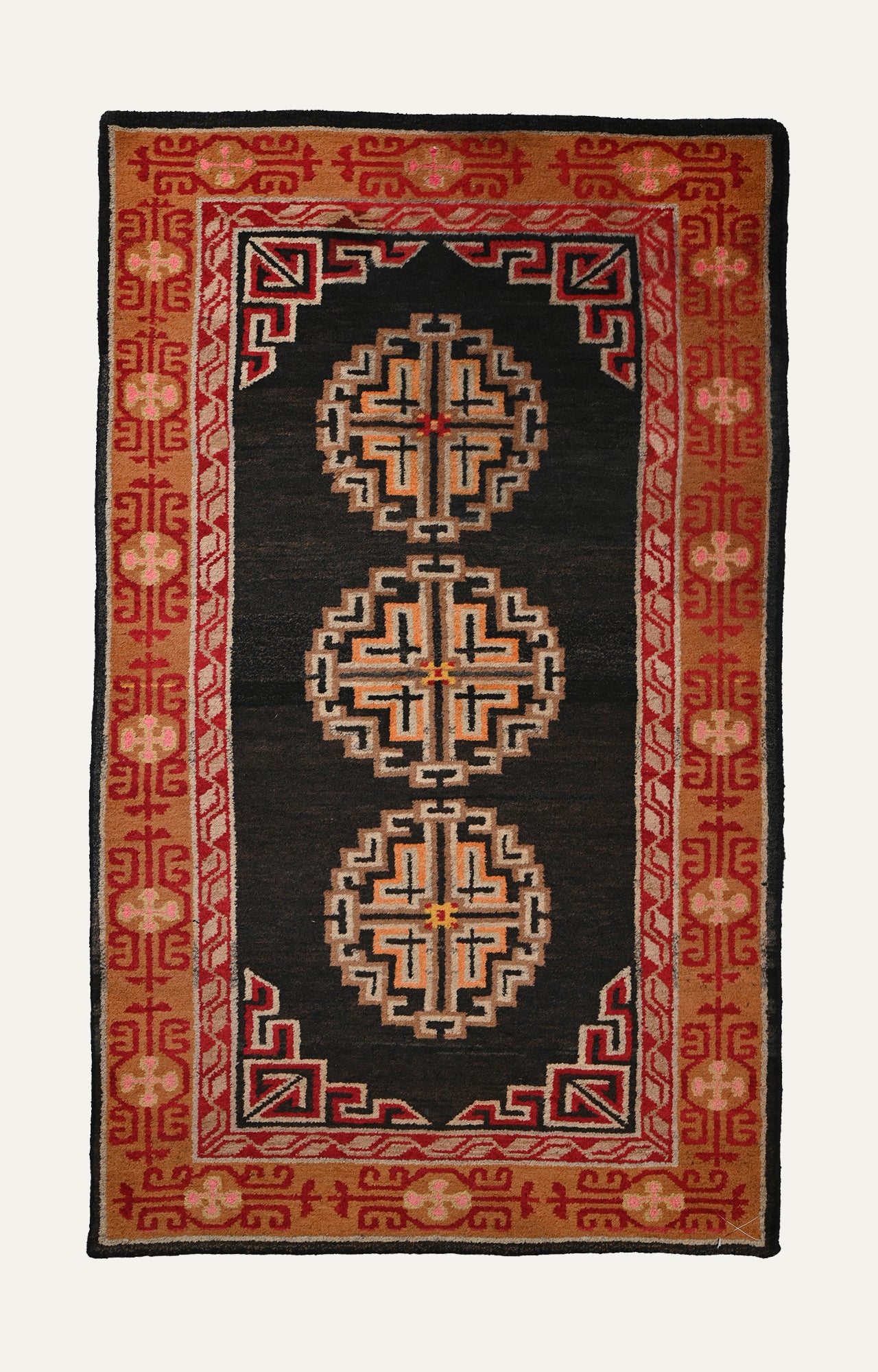 3 x 5 Ft Gracefully aged tibetan handknotted carpet with magnificent borders