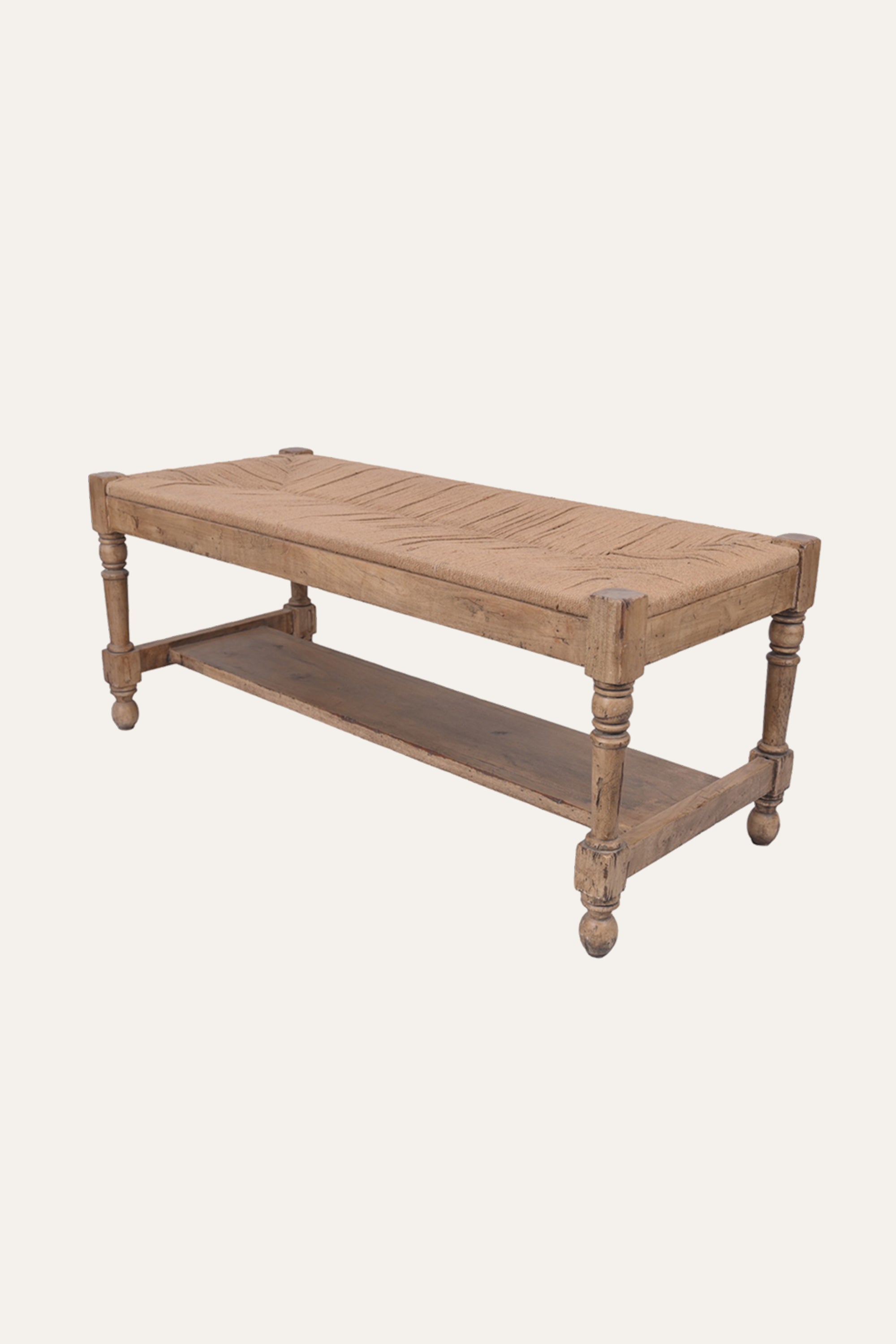 Living Room Wooden Bench with Woven Upholstery
