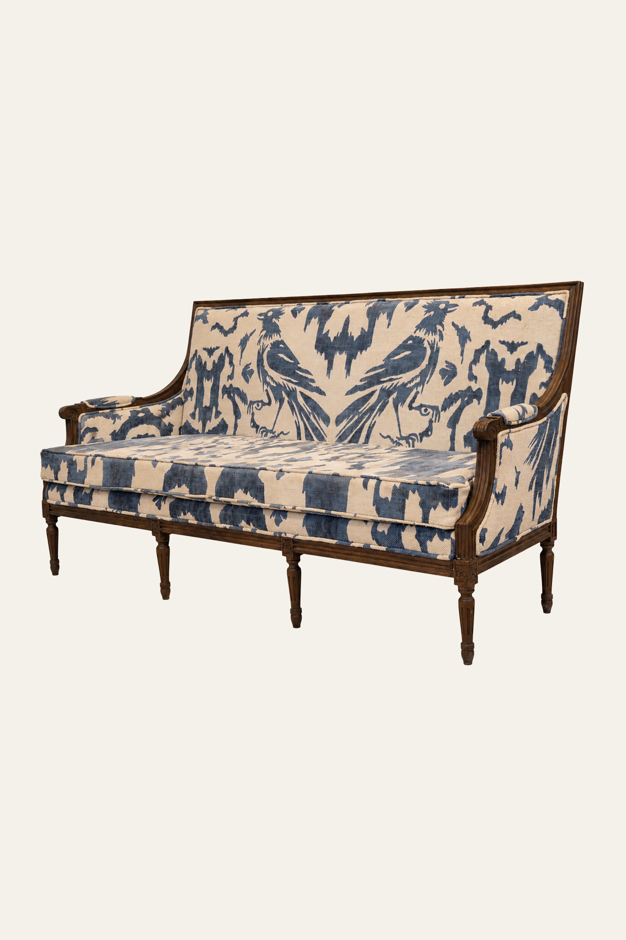 Indigo Upholstered Wooden Frame Sofa with Bird Motifs