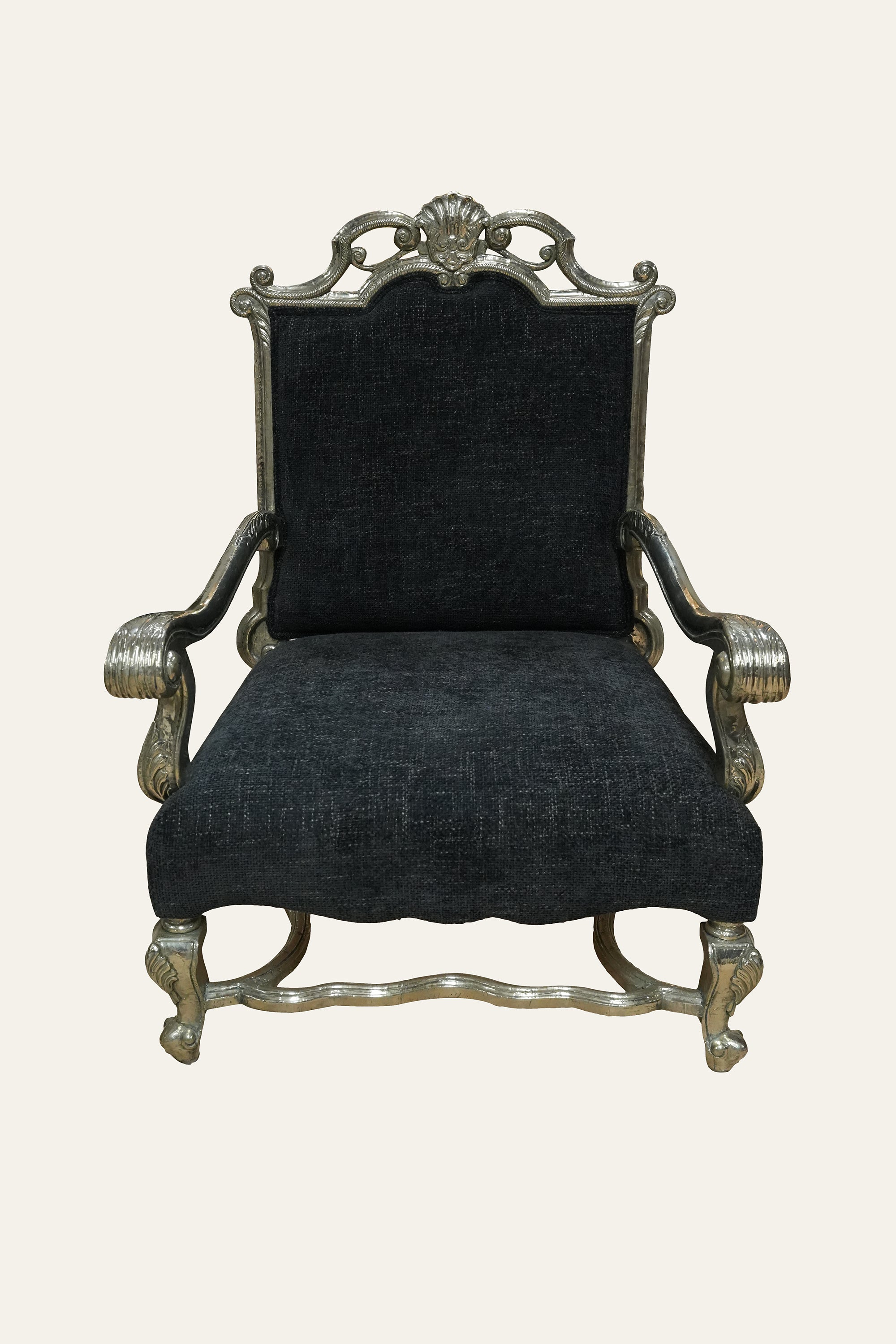 French Regence White Metal Black Upholstered Armchair