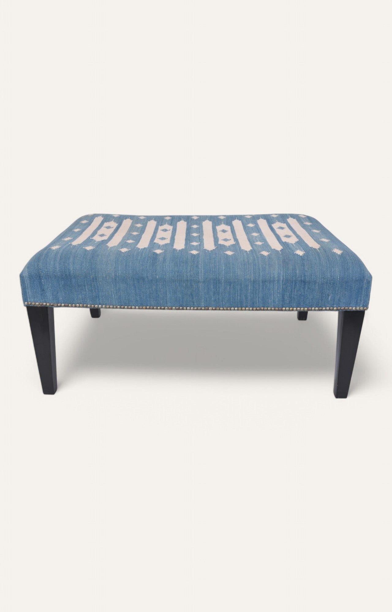 Blue White Dhurrie Upholstered Ottoman