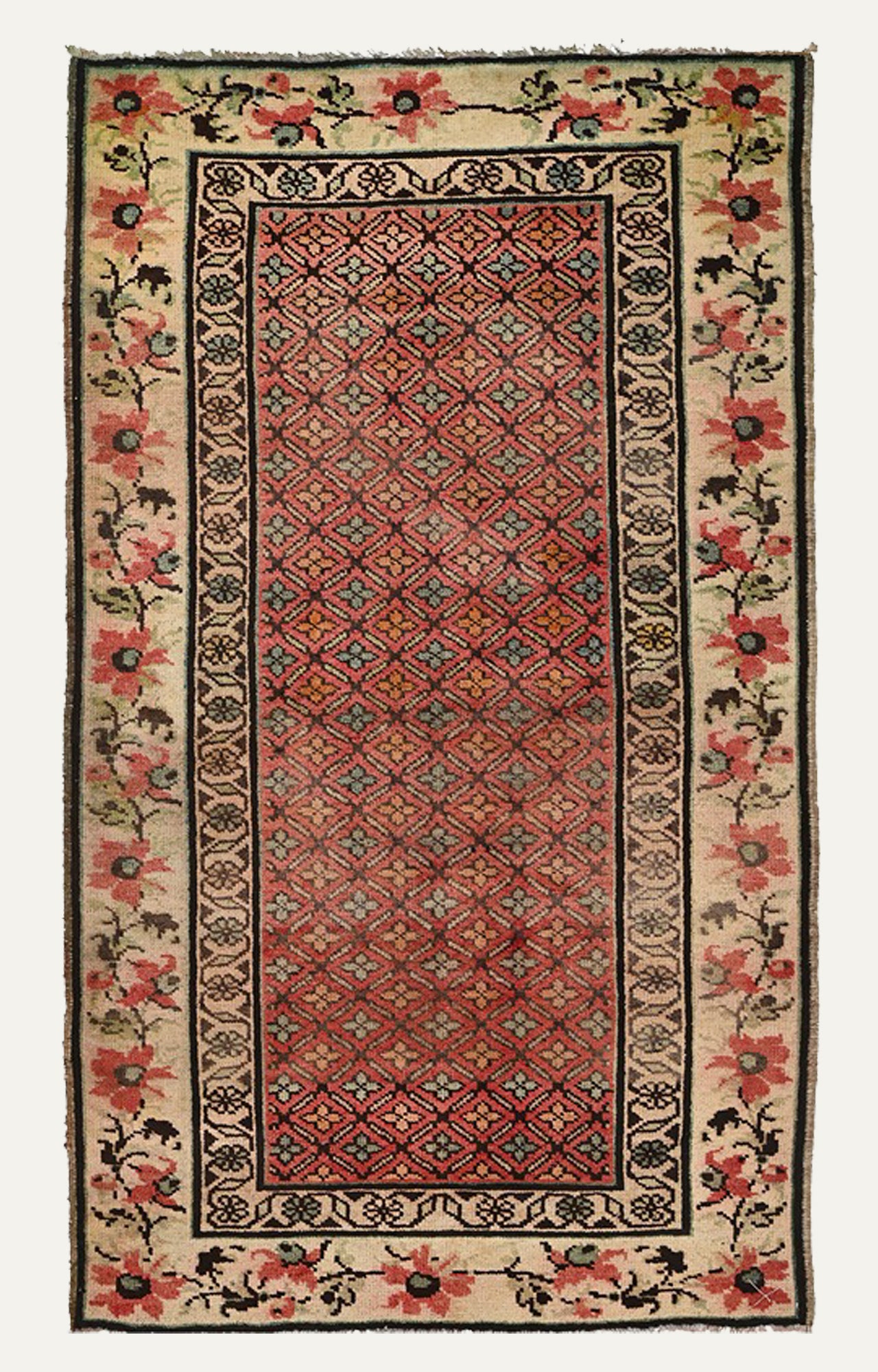 4 x 7 Ft Century-Old Carpet with Floral Border and Distressed Finish