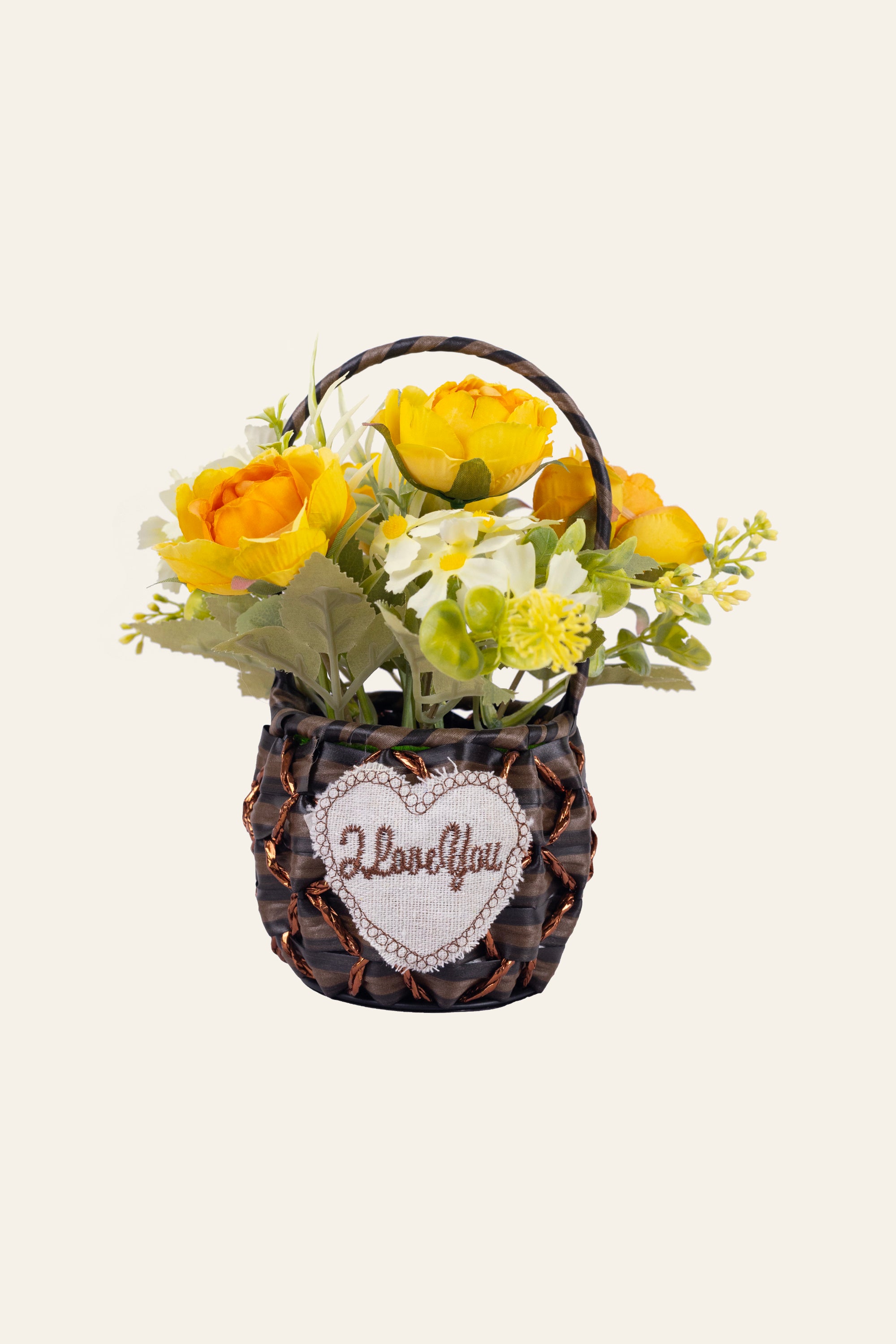 Yellow Rose Artificial Flower in Woven Basket