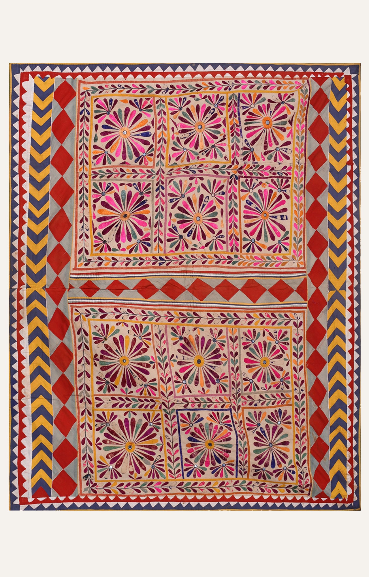 Indian Gujarati Textile, Boho vintage look, Mirror Silk Thread work art, 70-80 years old Embroidery