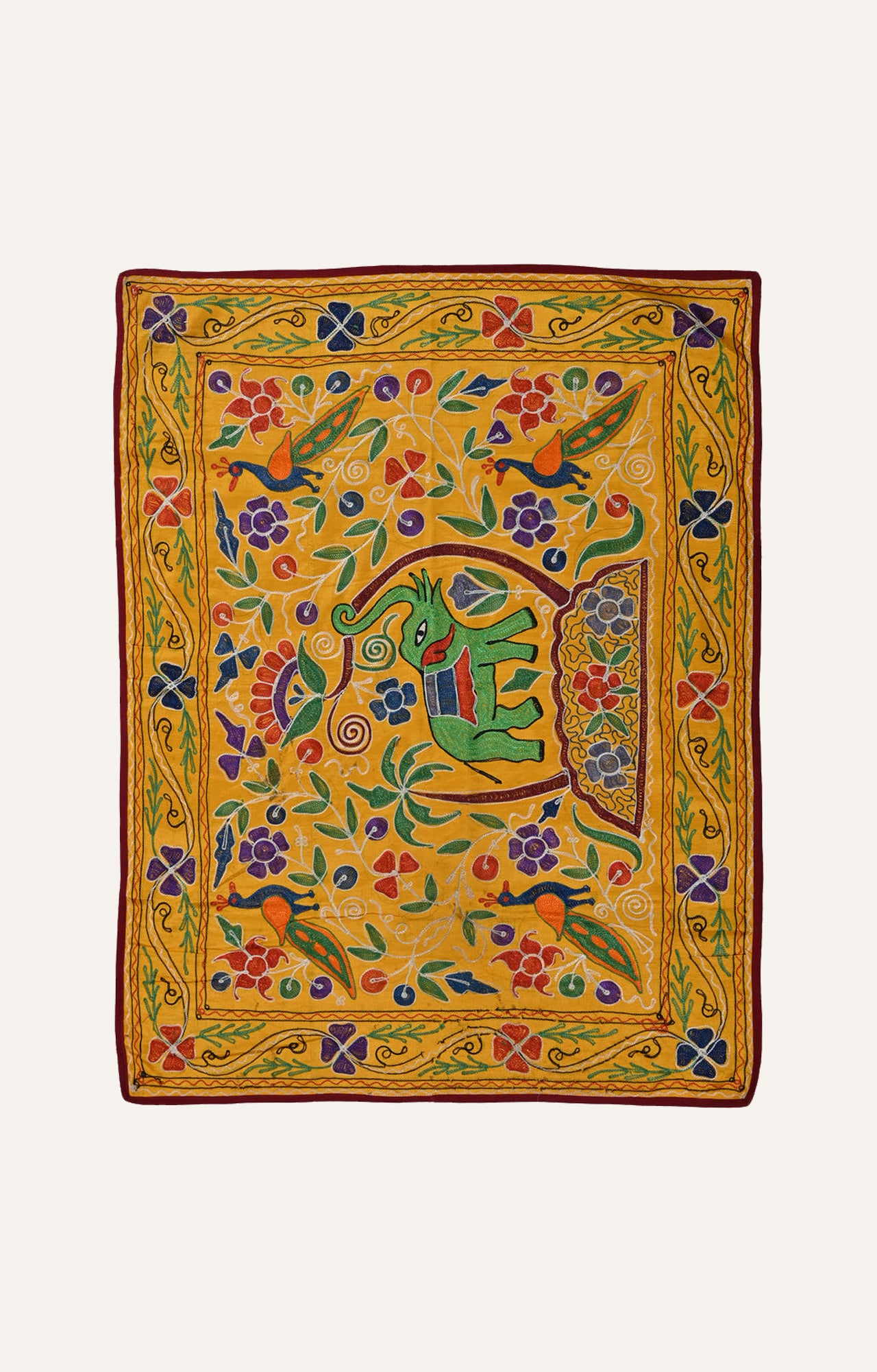 Embroidered Wall Hanging with Central Elephant Motif and Corner Parrots