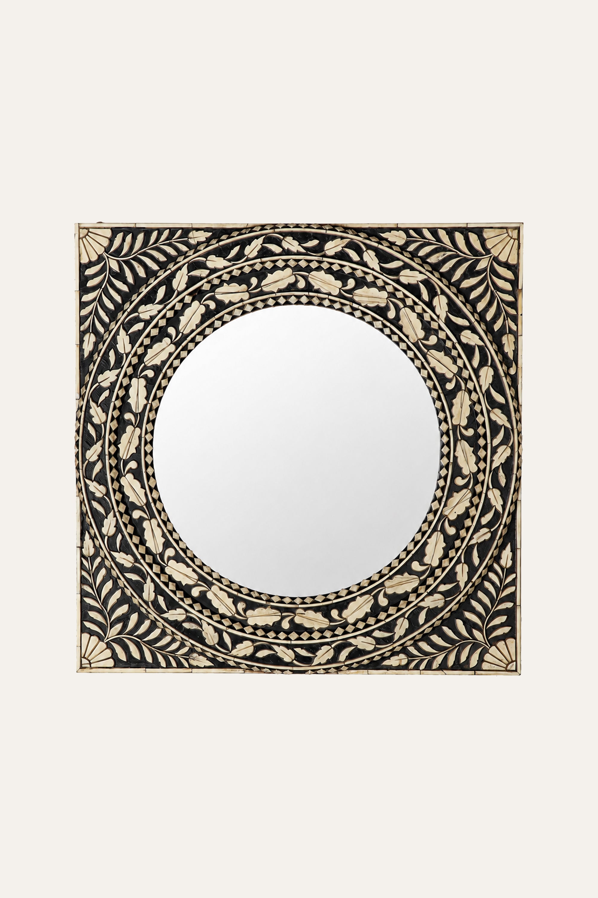 Black and White Camel Bone Inlay Floral Motif Mirror for Foyer