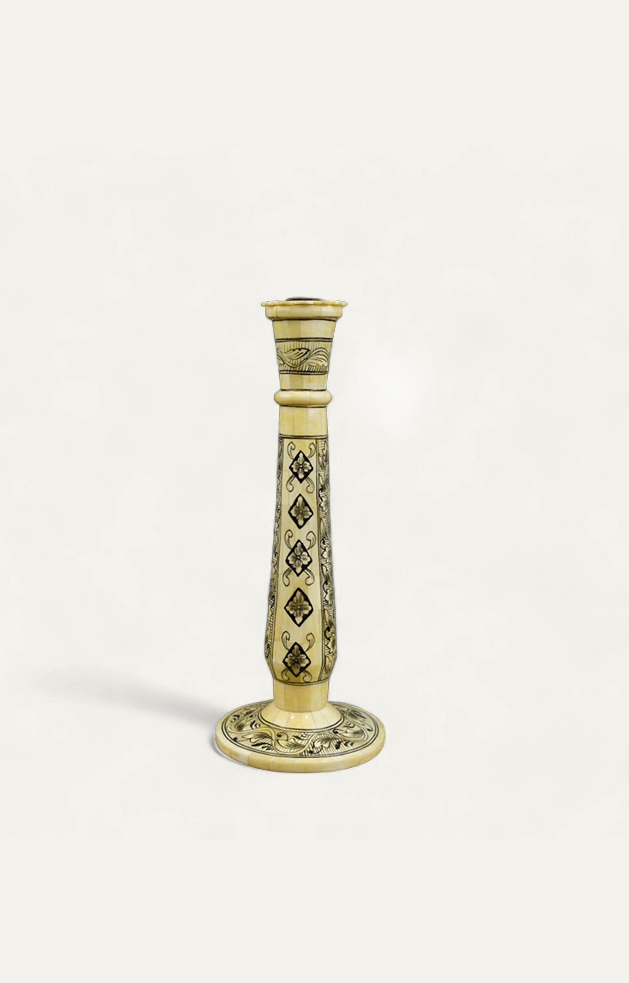 Vintage Bone Inlay Candle Holder: Floral Arabesque Design