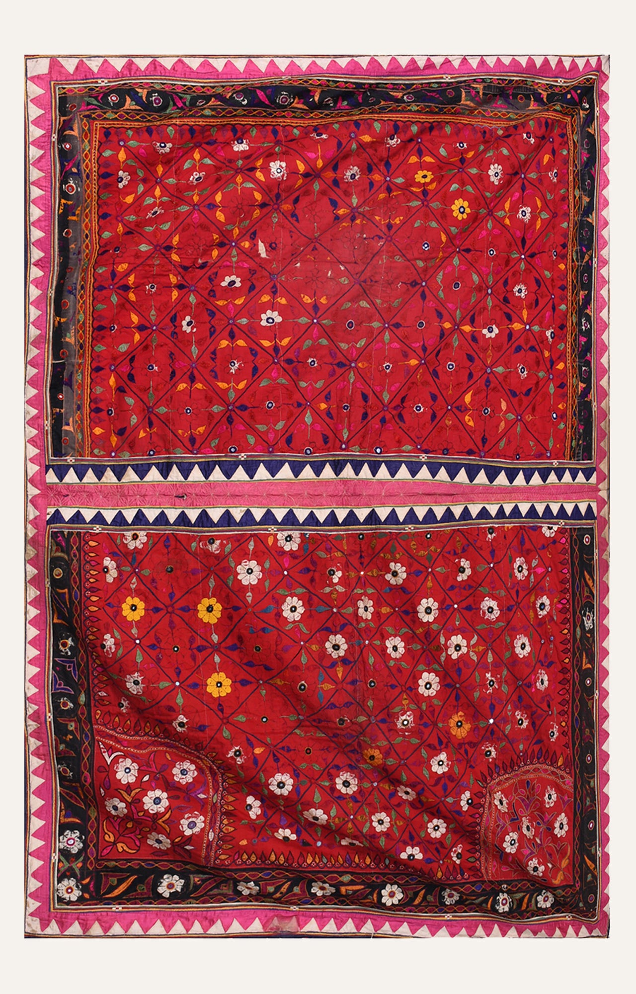 Vintage Floral half and half, Silk Embroidered Mirror Work Suzani Red Wall Hanging Tapestry