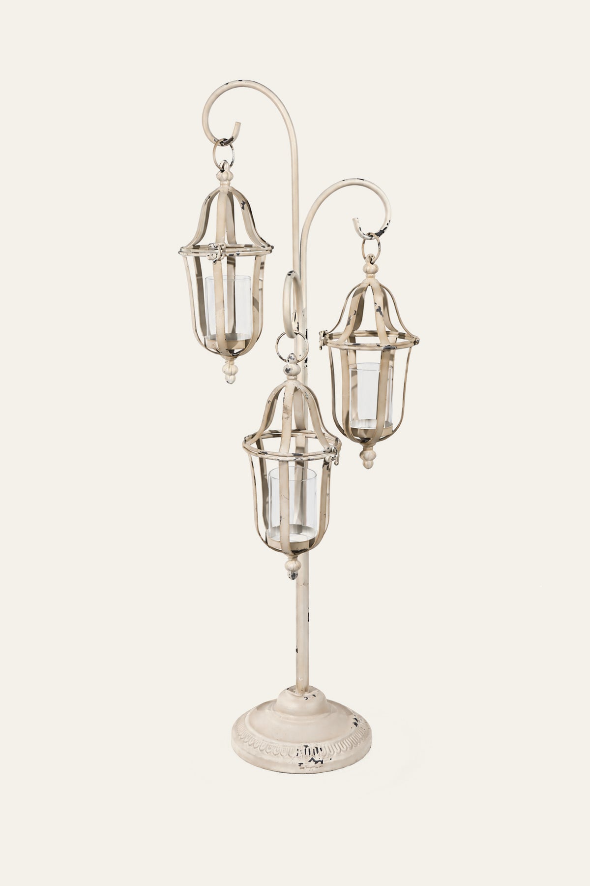 Antique 3-Lantern Standing Candle Stand on Round Pedestal