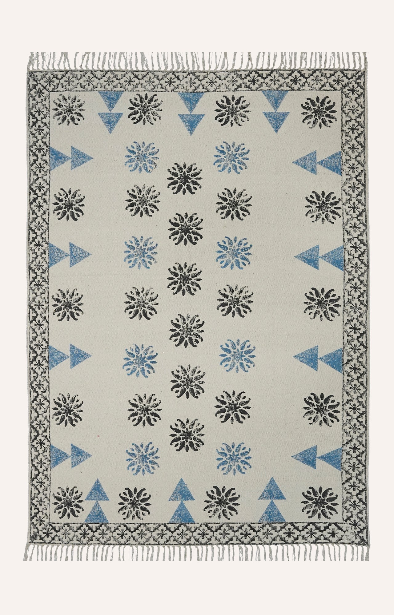 Handwoven Block Printed Area Rug with Blue Triangles and Organic Design