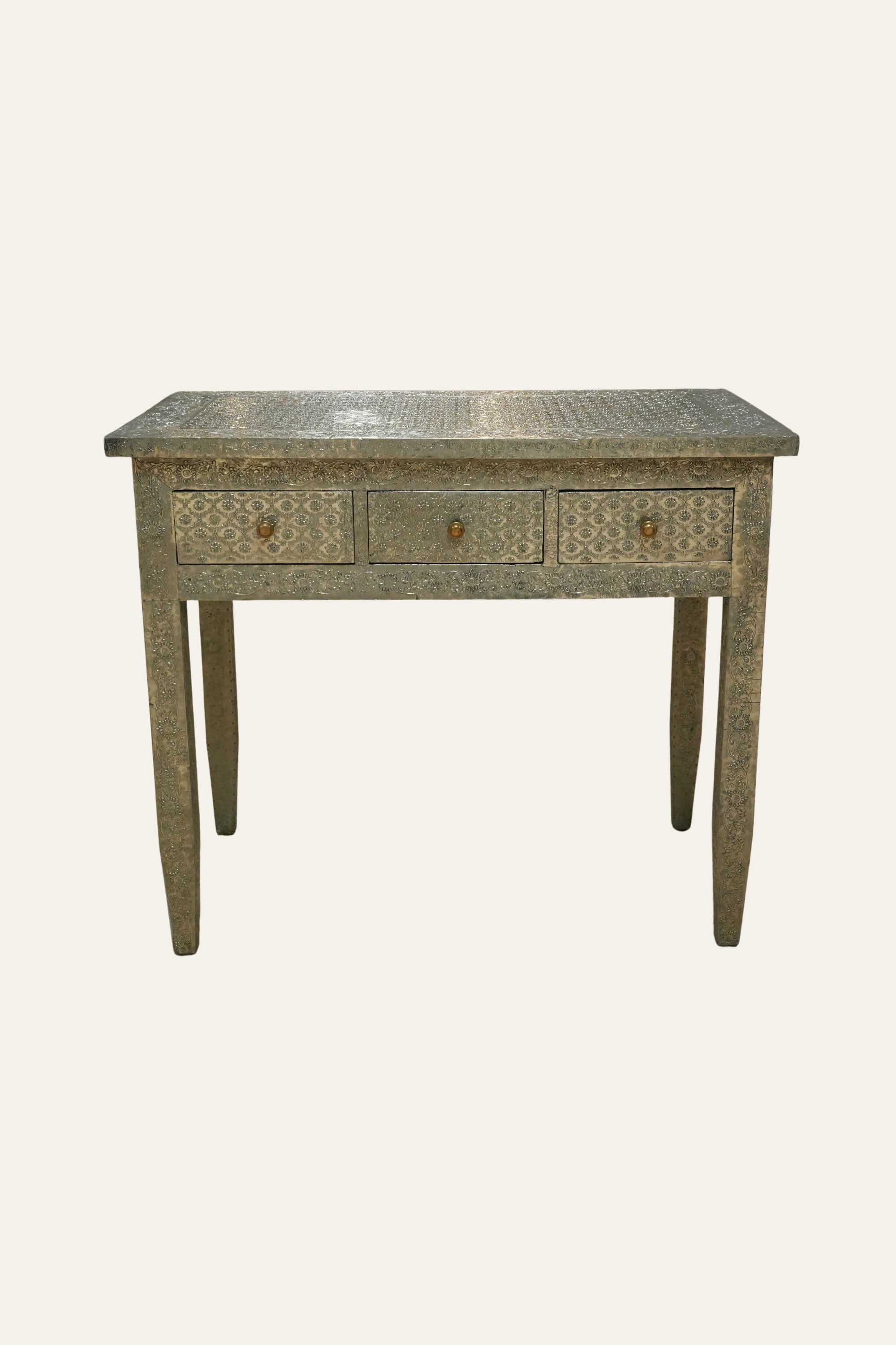 White Metal Embossed Console Table with 2 Drawers