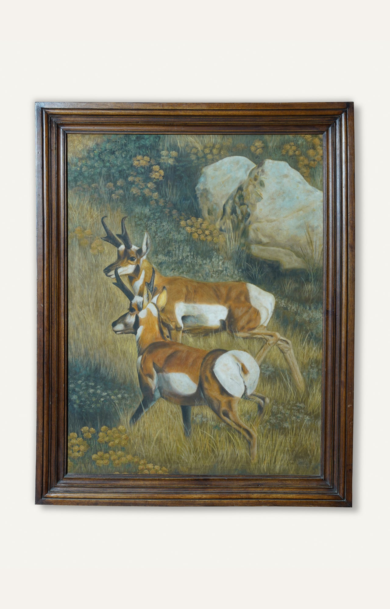 Two Pronghorns in nature oil painting on canvas with wooden frame