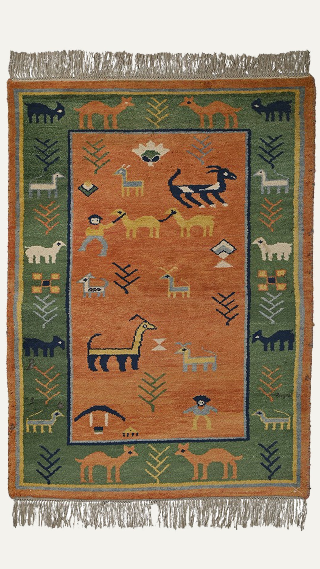 4 x 6 Ft Vintage Spiced Carpet with cattle motifs- aged 80 years