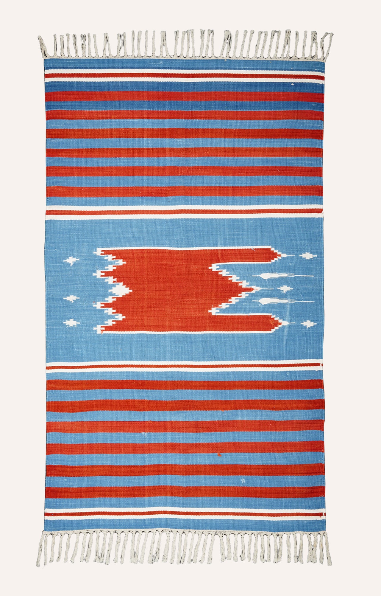 51 x 30 Inches Handwoven Cotton Prayer Rug (Blue And Red)