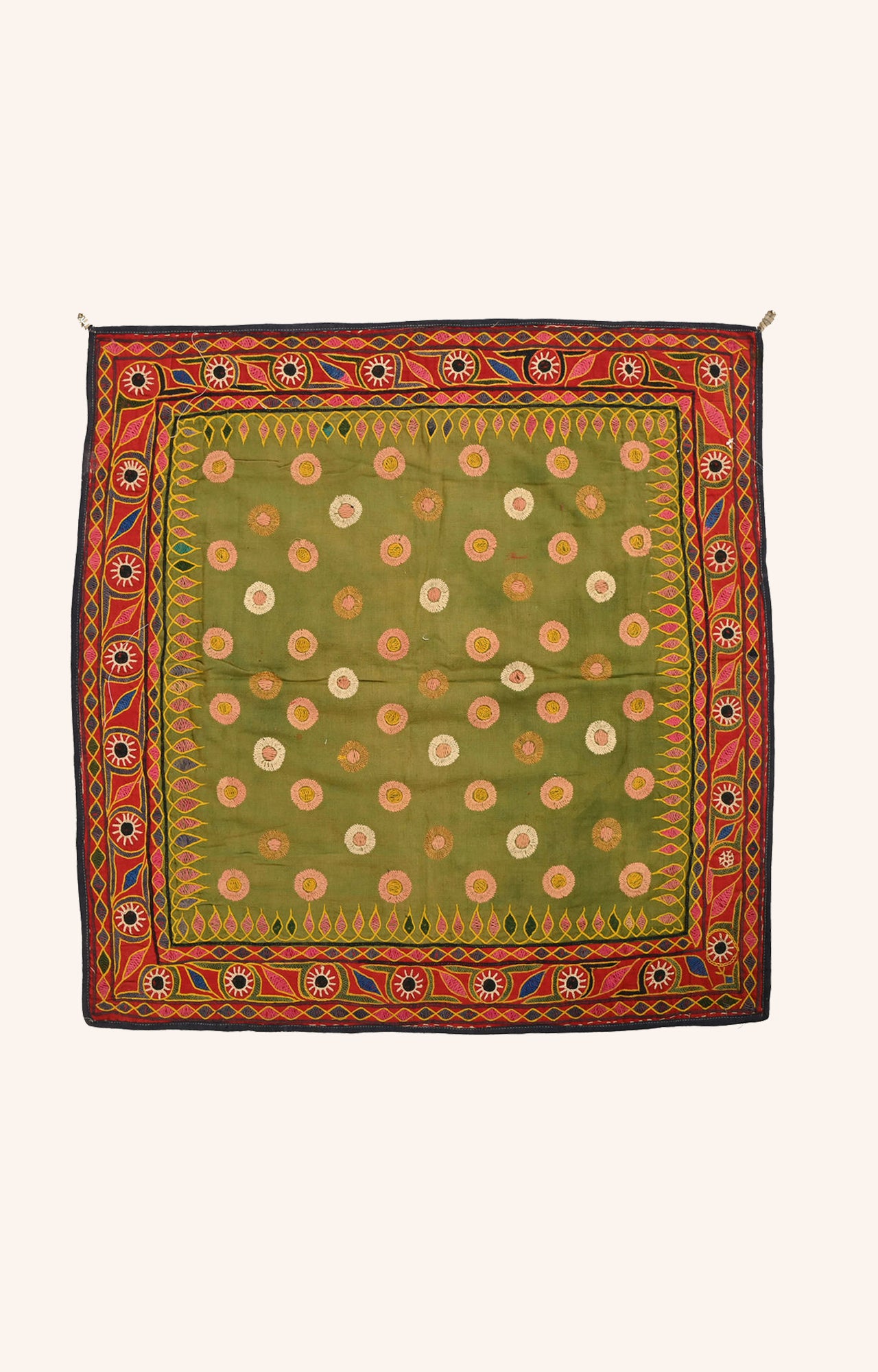 Green Kutch Embroidery with Red border around Wall tapestry