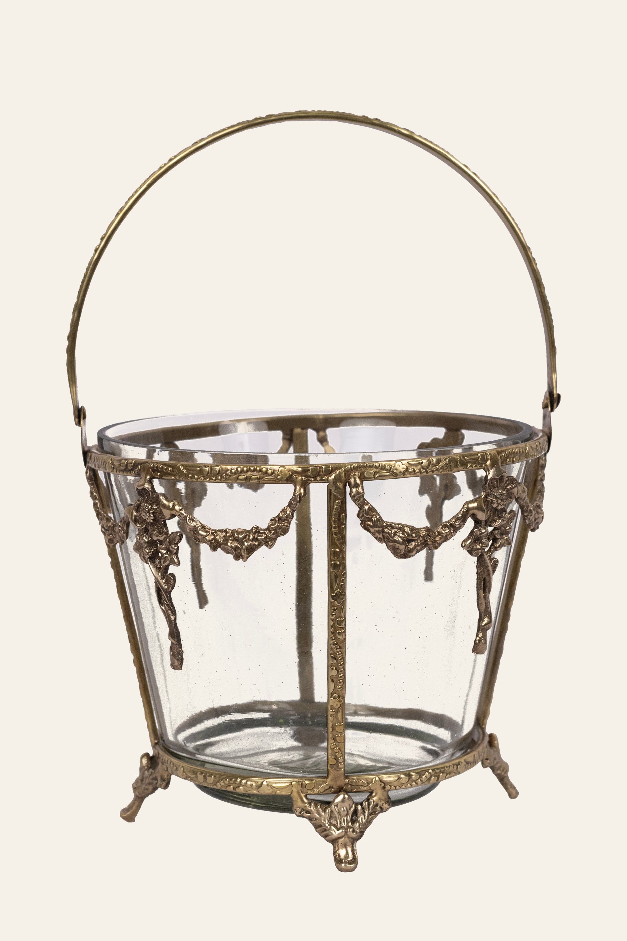 Transparent Glass Ice Bucket with Ornate Brass Frame