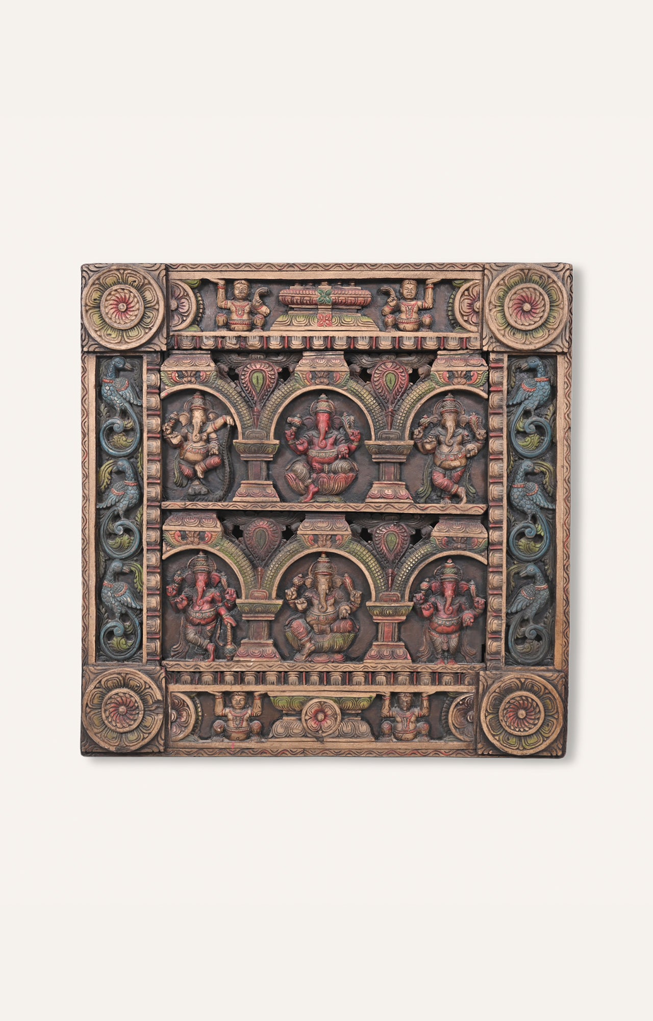 Richly Coloured Wooden Panel Of Six Ganesha Figurines