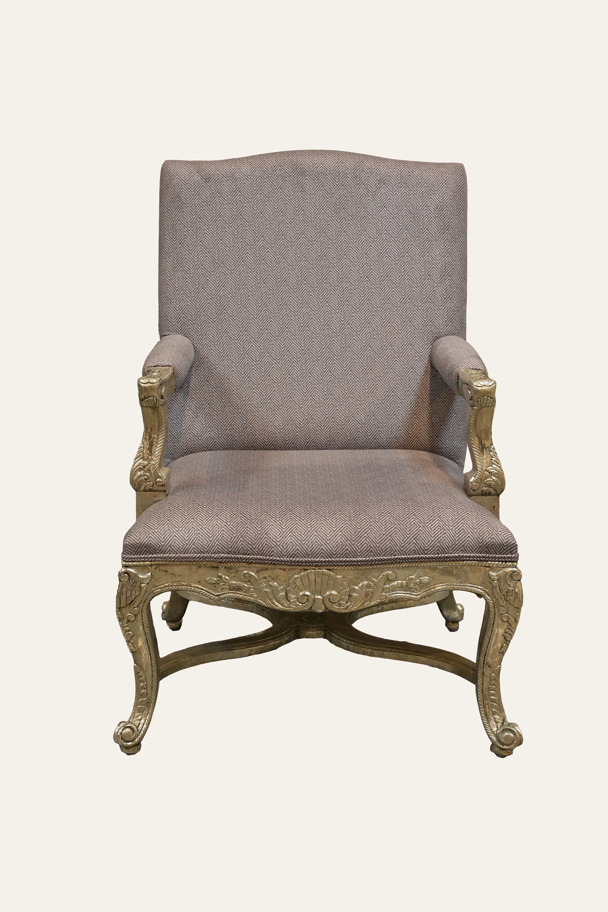 French Regence White Metal Upholstered Armchair
