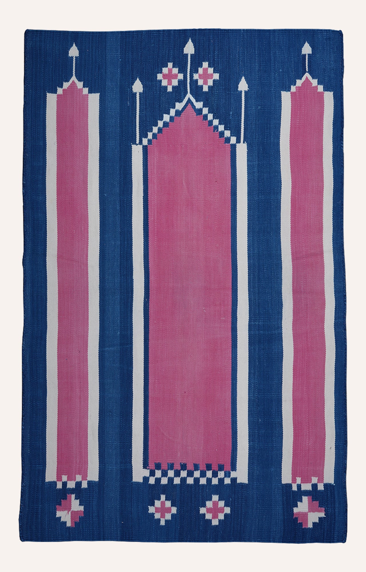 48 x 30 Inches Handwoven Cotton Prayer Rug (Blue And Pink)