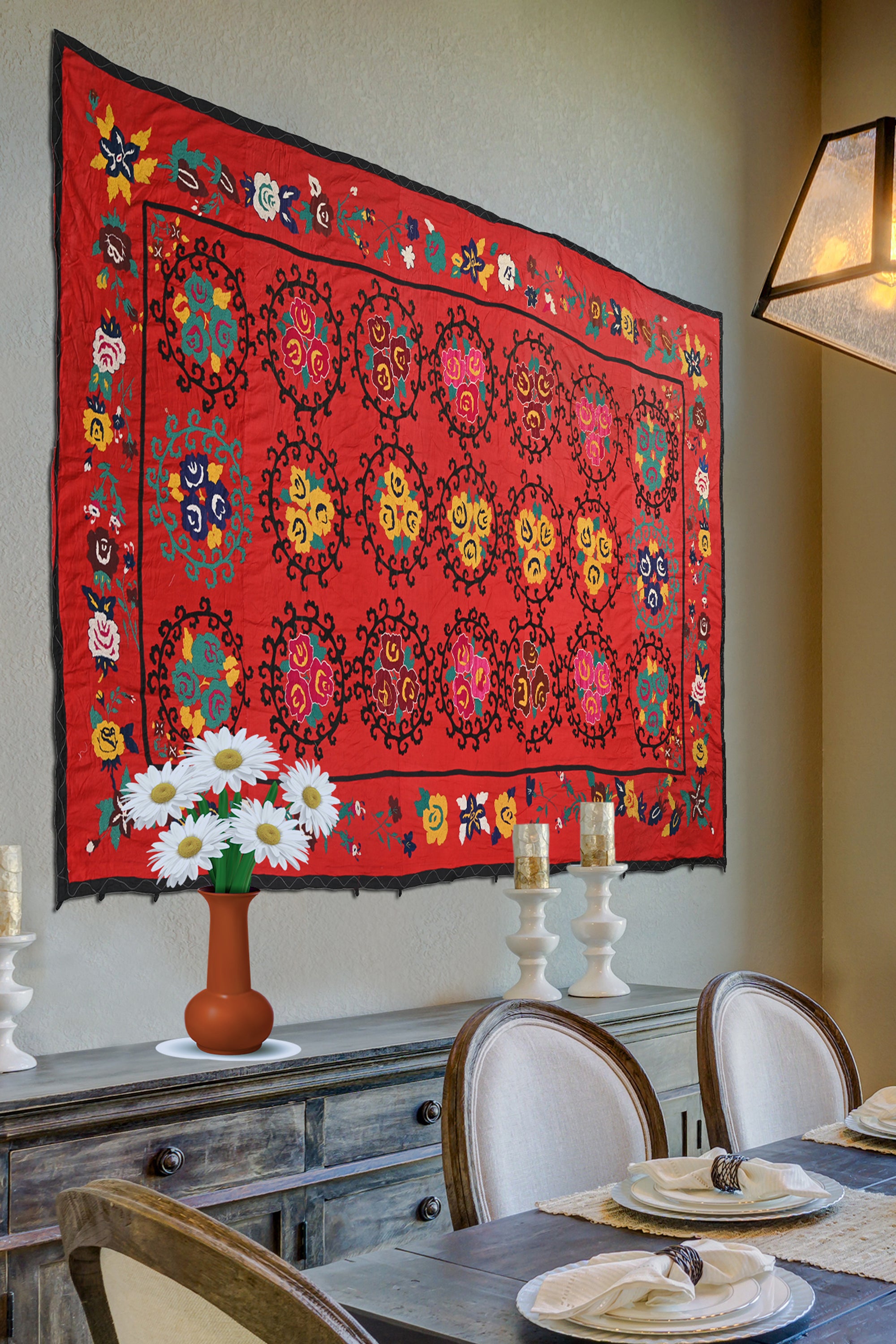 Vibrant Red Floral Suzani Vintage Wall Hanging Panel