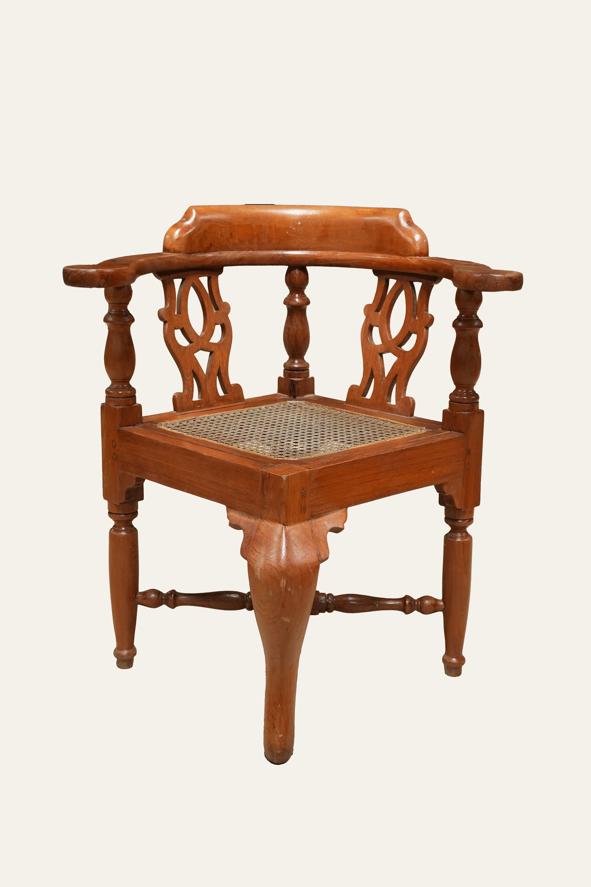 Carved Wooden Roundabout Cane Armchair with X-stretcher Base