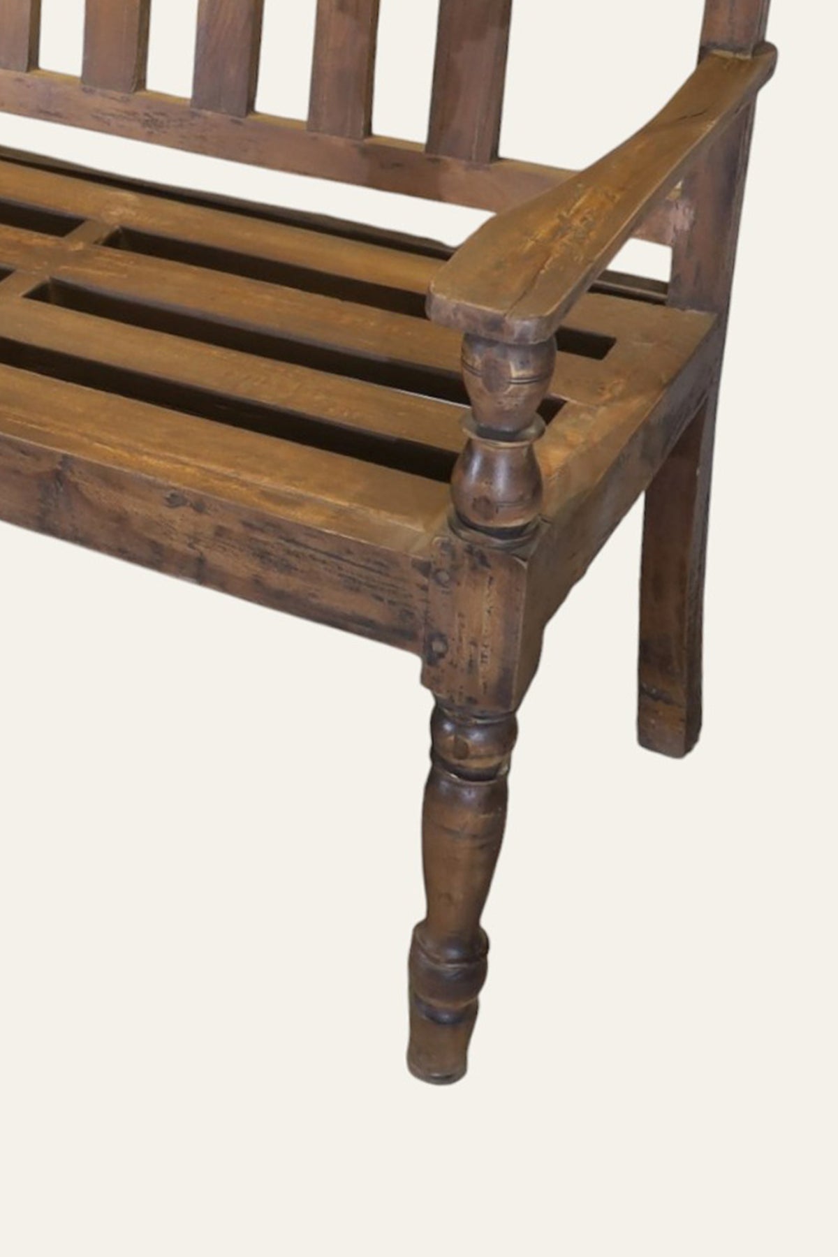 Slatted Back Carved Bench with Wood Frame