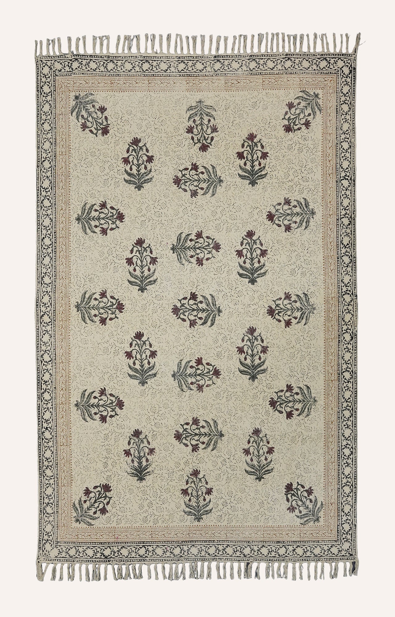 Crimson Bloom Hand Blockprinted Dhurrie Rug