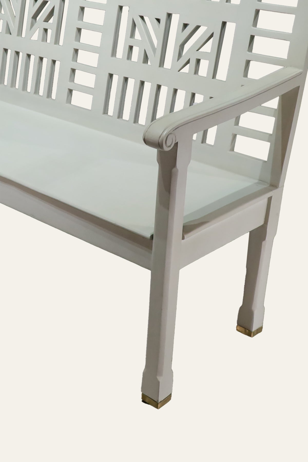 White Carved Wooden Slatted Back Bench