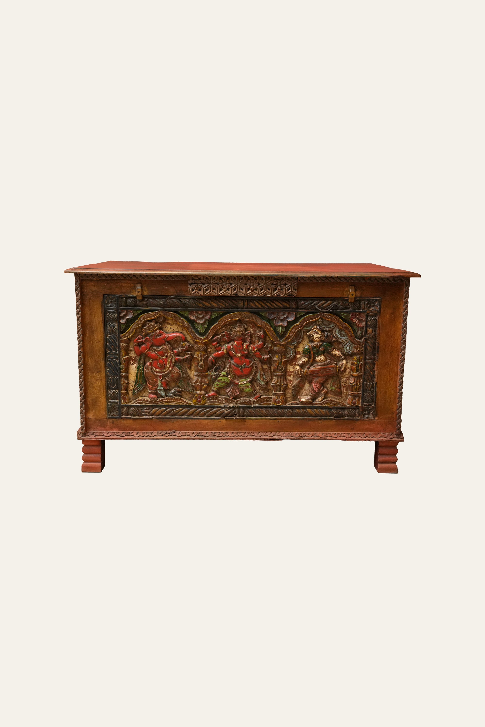 Carved Ganesha Wooden Storage Trunk for Indian Homes