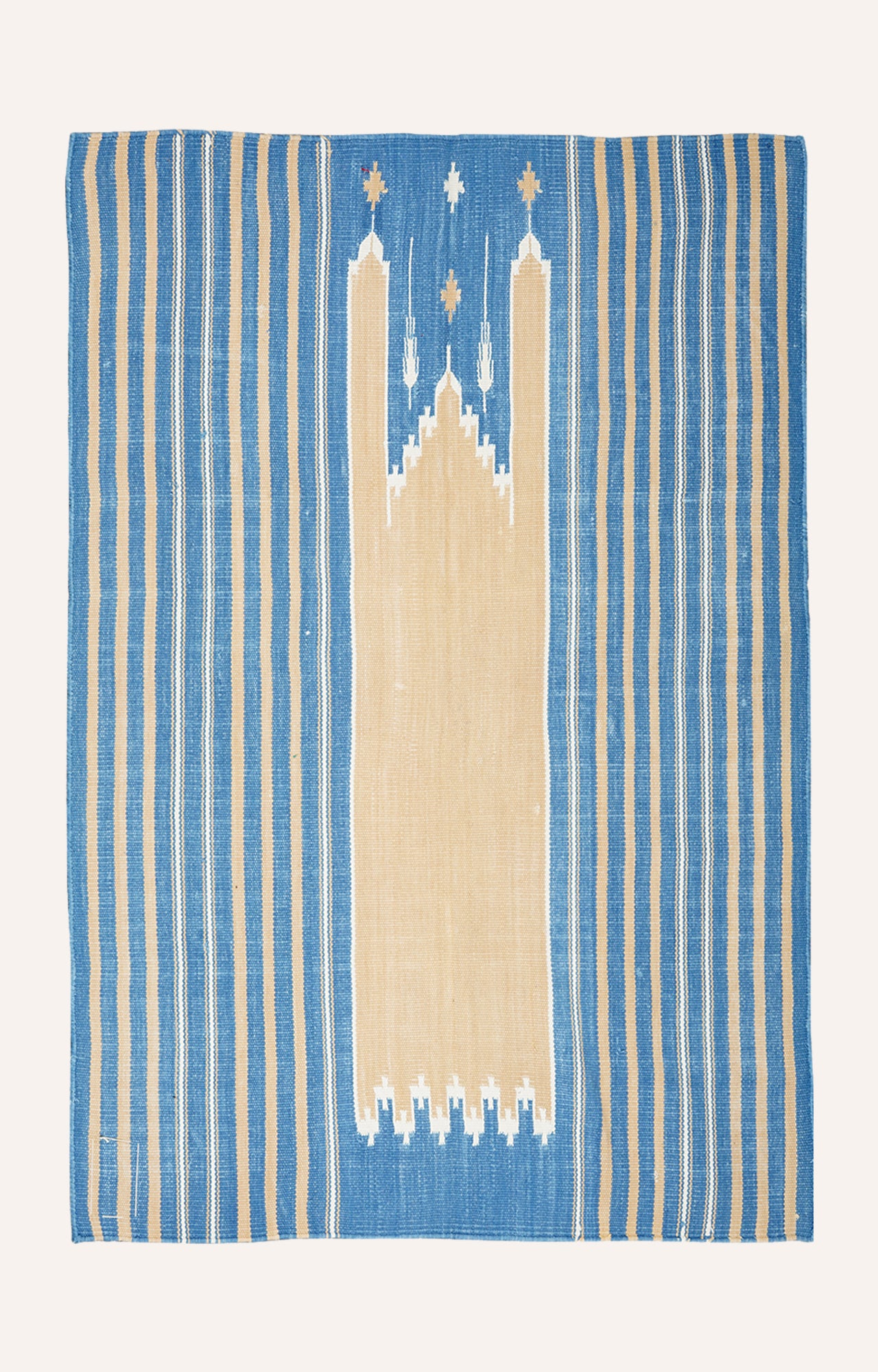 39 x 27 Inches Handwoven Cotton Prayer Rug (Blue And Beige)