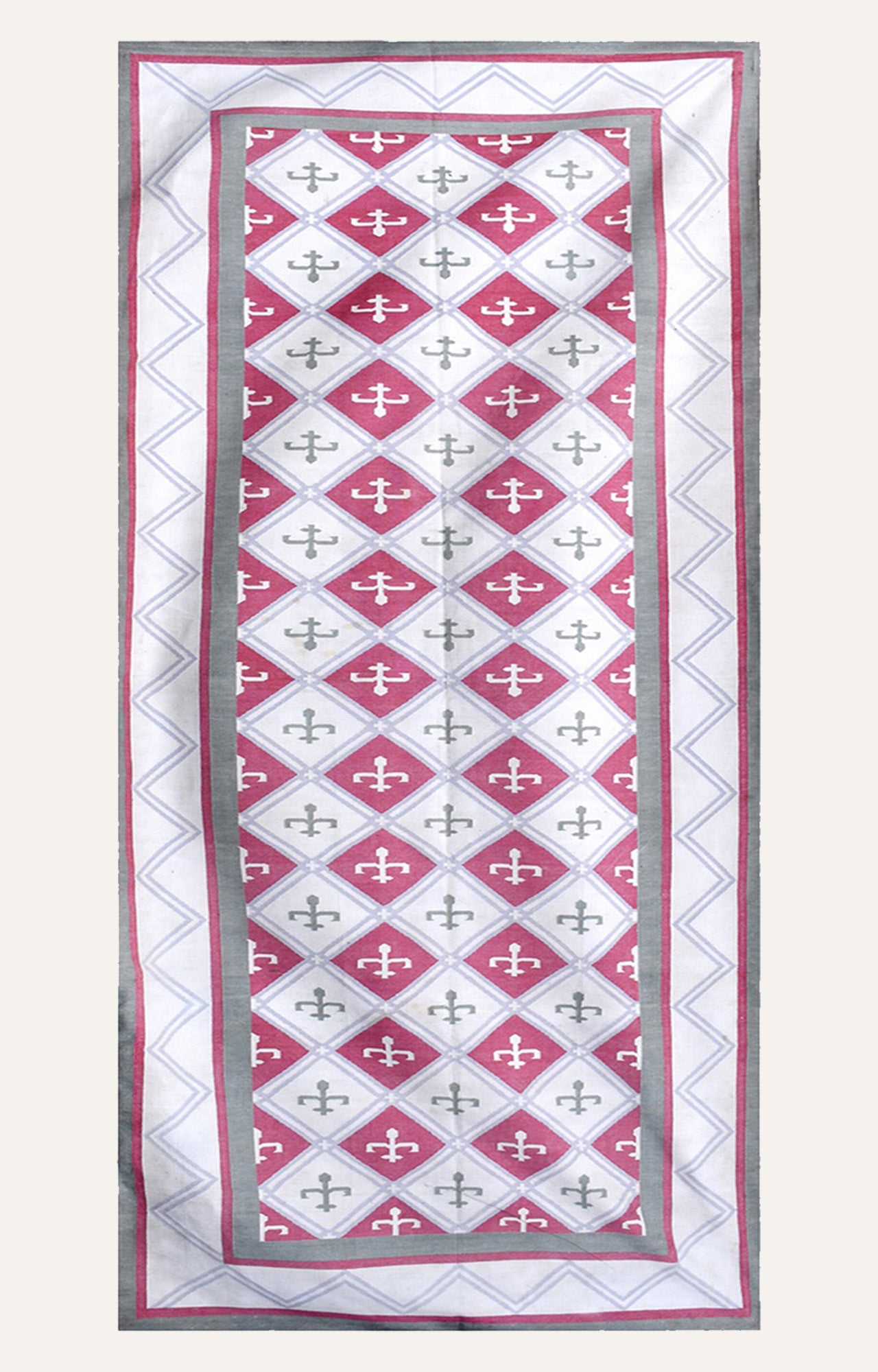 Pink Handwoven Cotton Rug with Geometric Design