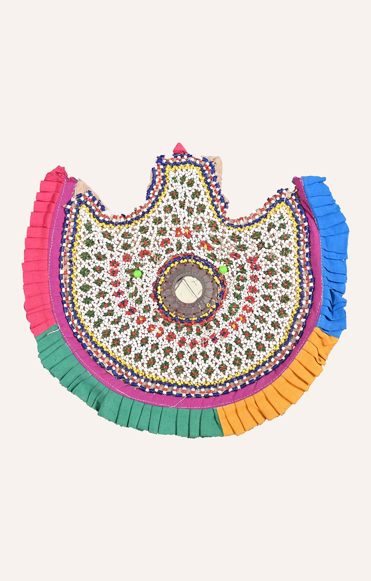 Vintage Gujarati Pearl-Embroidered Fan Wall Hanging