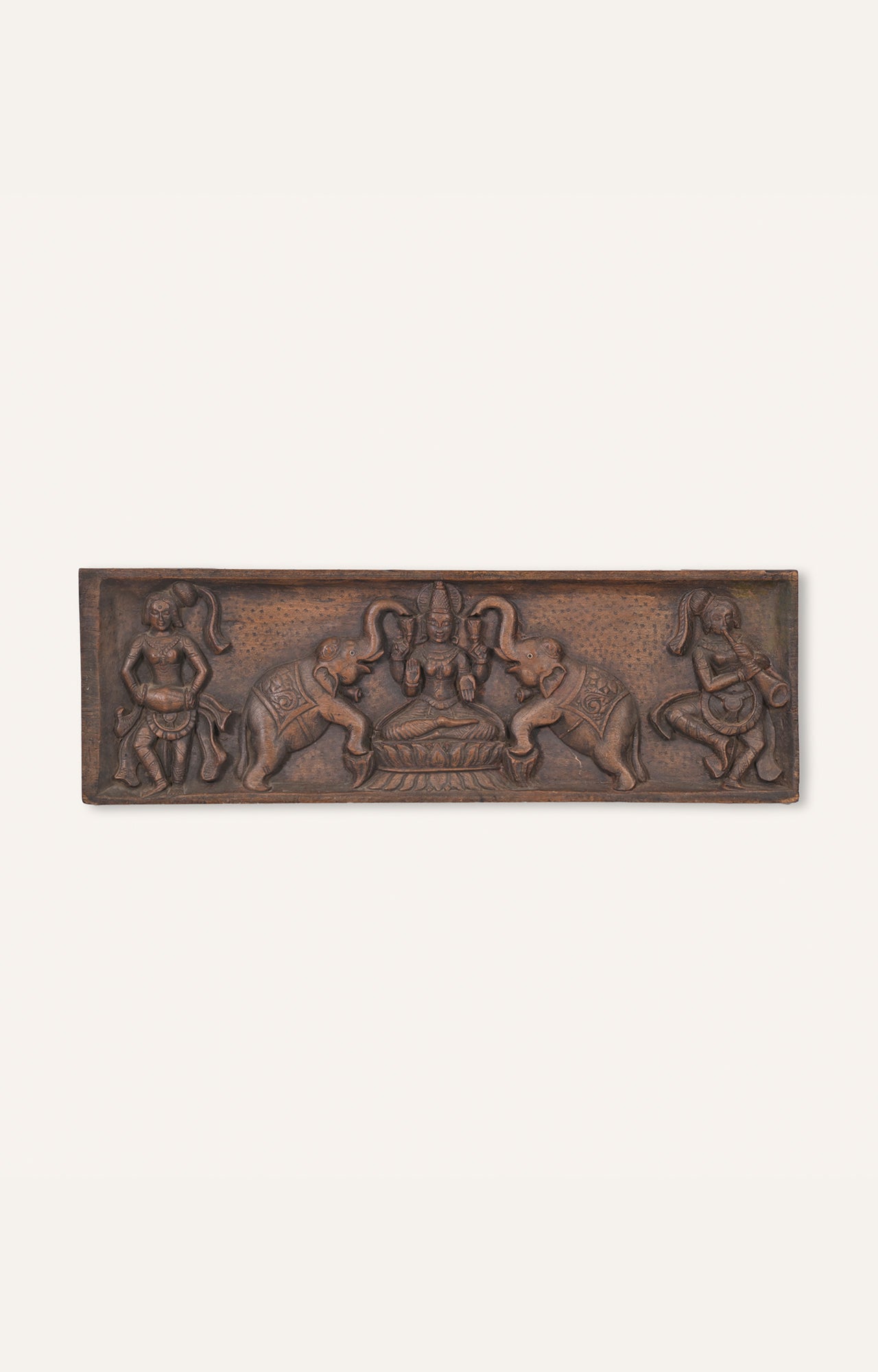 Elephants Upraised Trunk Wooden Frame Gaja Lakshmi Goddess With Sevagar Ladies Handcrafted Wall Panel