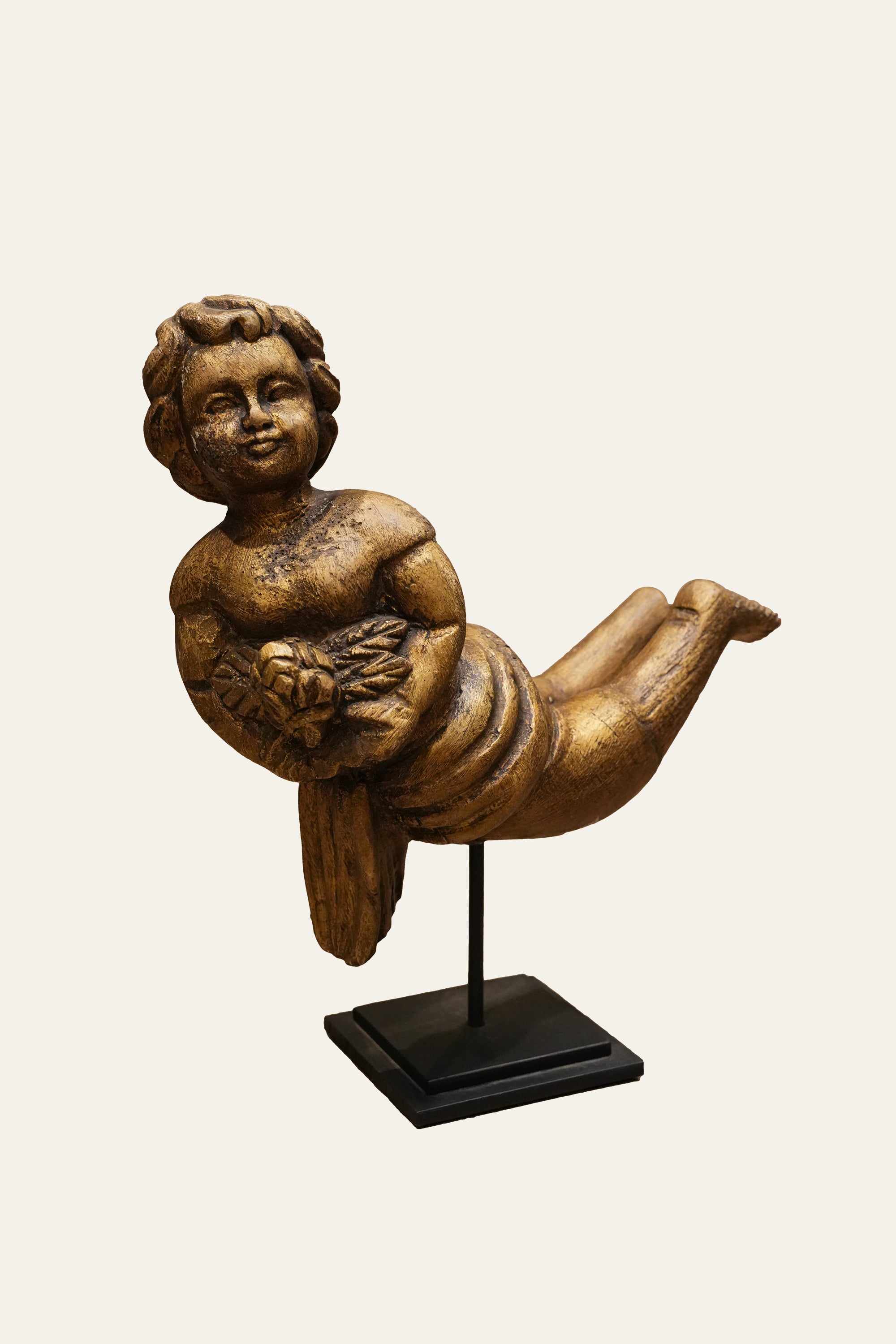Cherub Statue on Display Stand in Wood