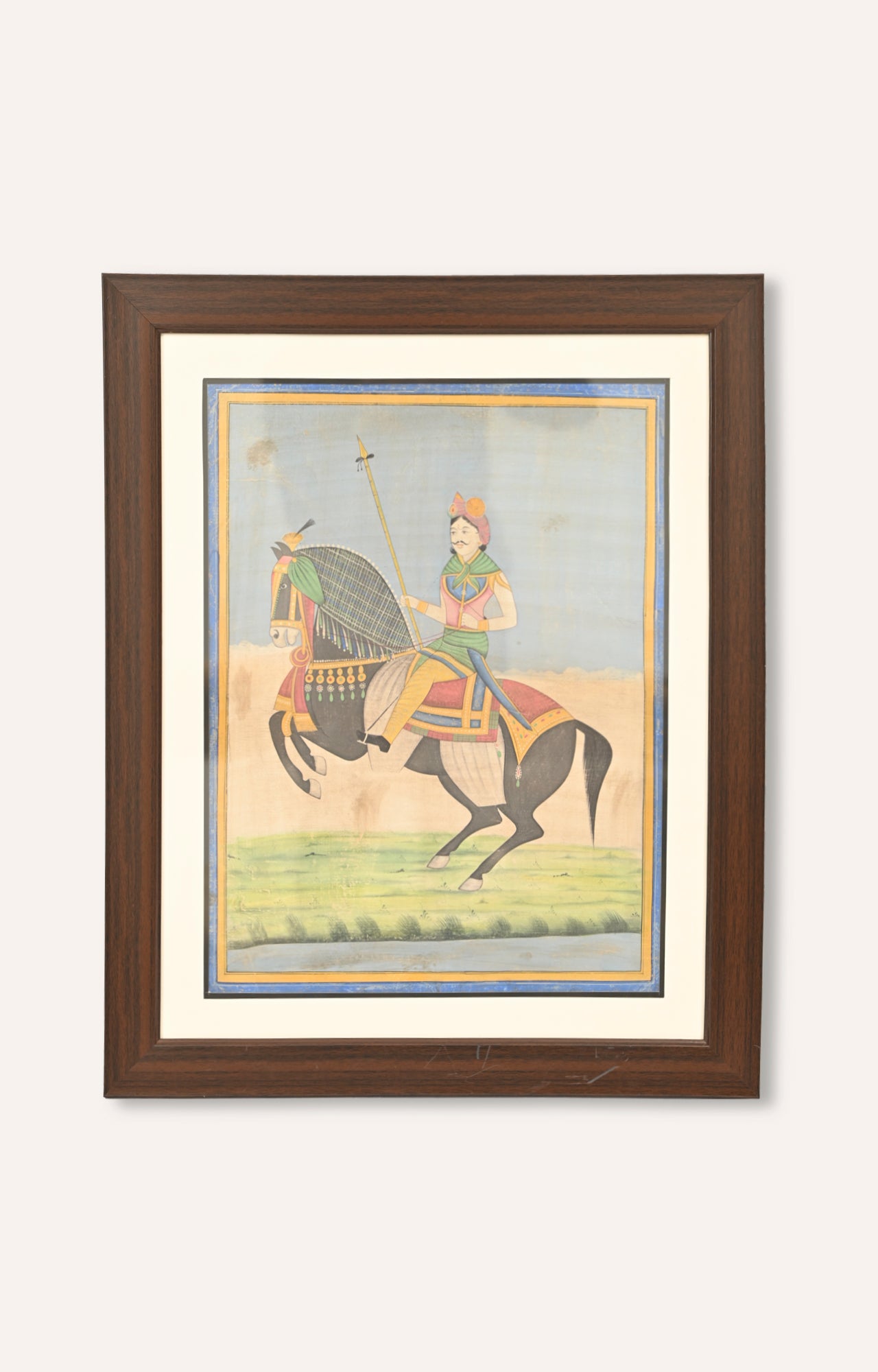 Mughal Emperor on Horse : Framed Watercolor Painting.