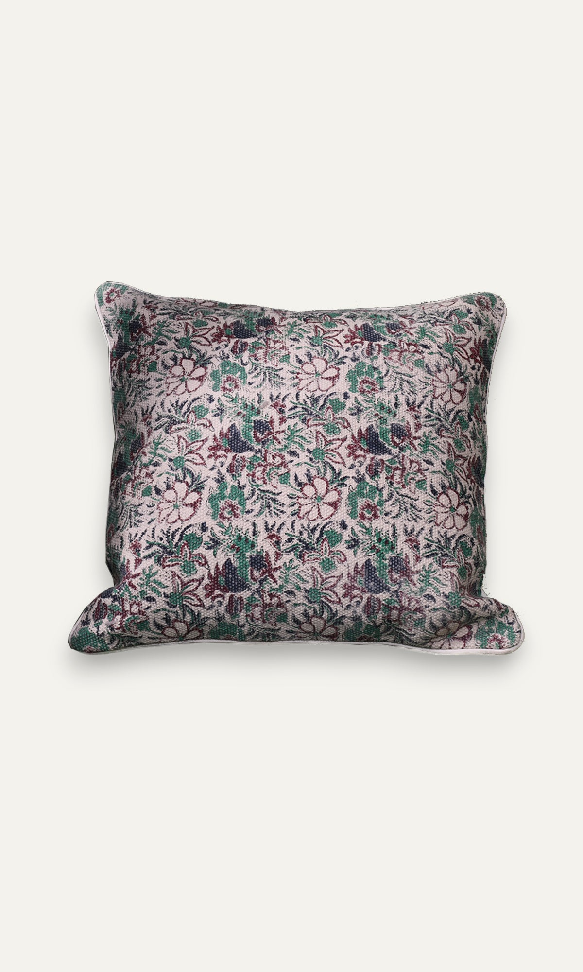 Floral Print Cotton Cushion Cover - Green & Maroon