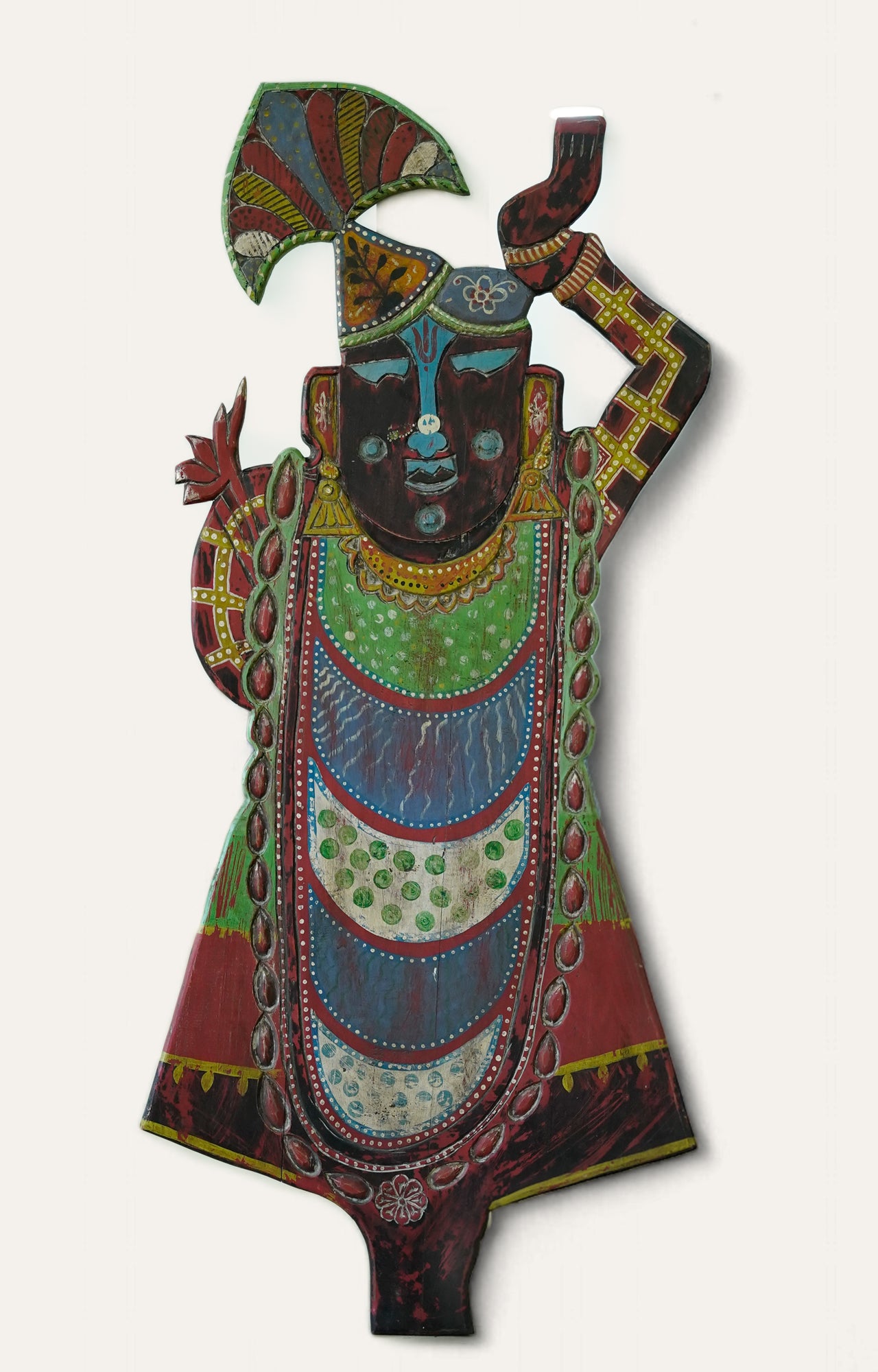 Long Vertical Wooden Panel with Three Roop of Krishna