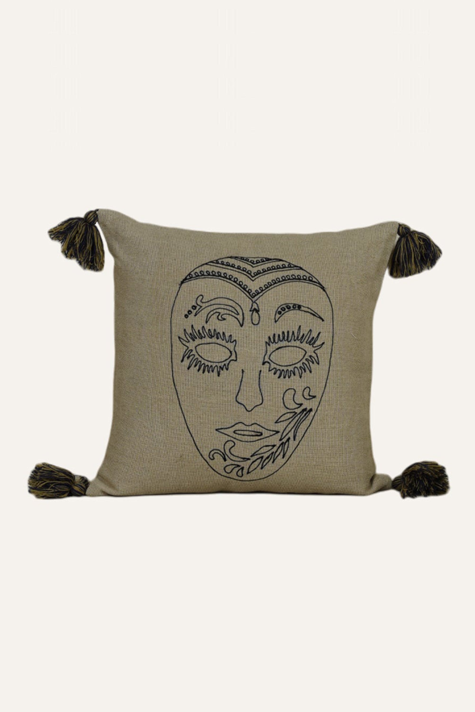 Embroidered Mask Motif Cushion with Tassels